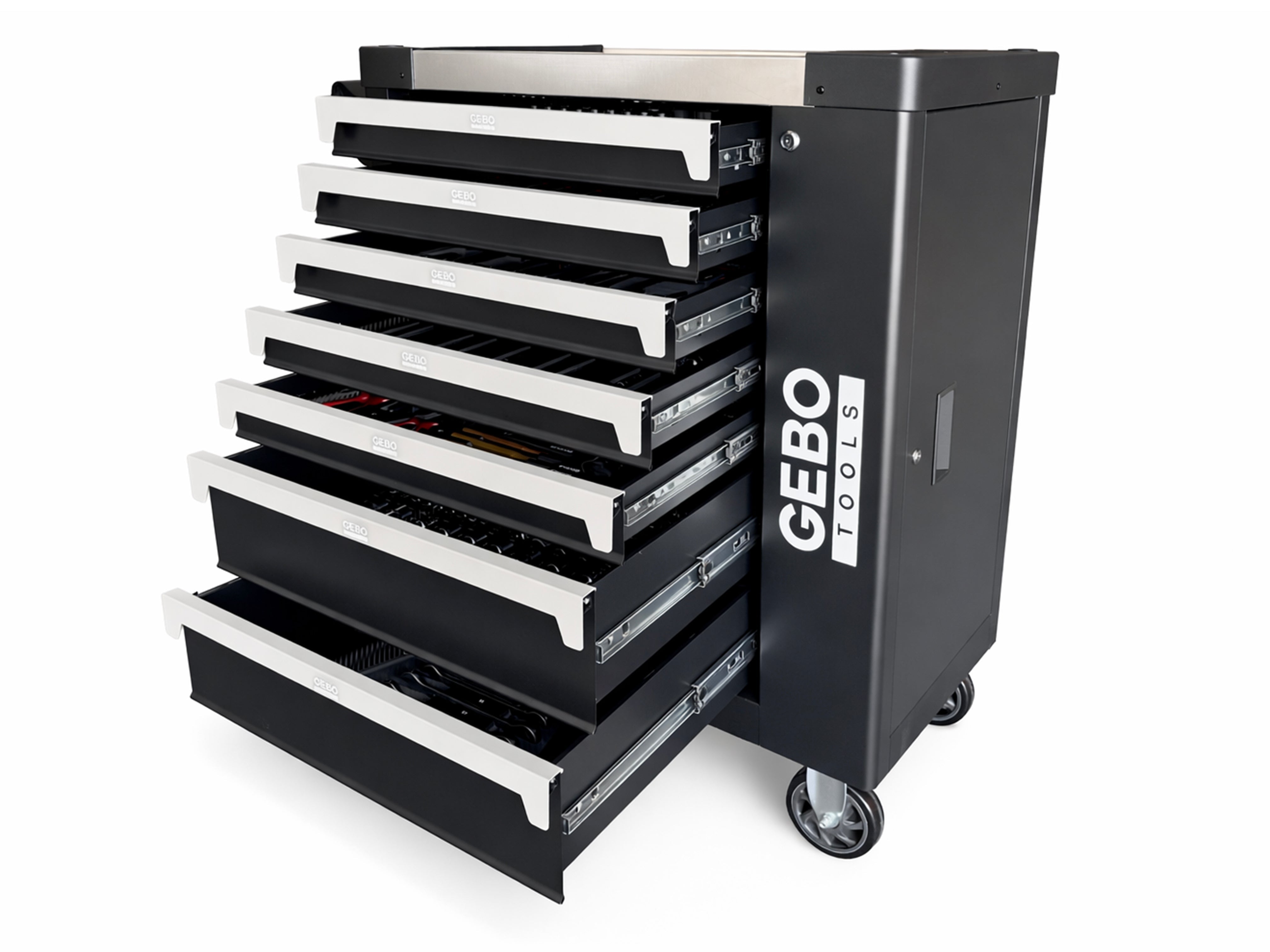 Armadio professionale attrezzato a 7 cassetti, 7 moduli, 262 pezzi, finitura carbon, carrello portautensili ,cassetta porta attrezzi mobile Gebo Tools