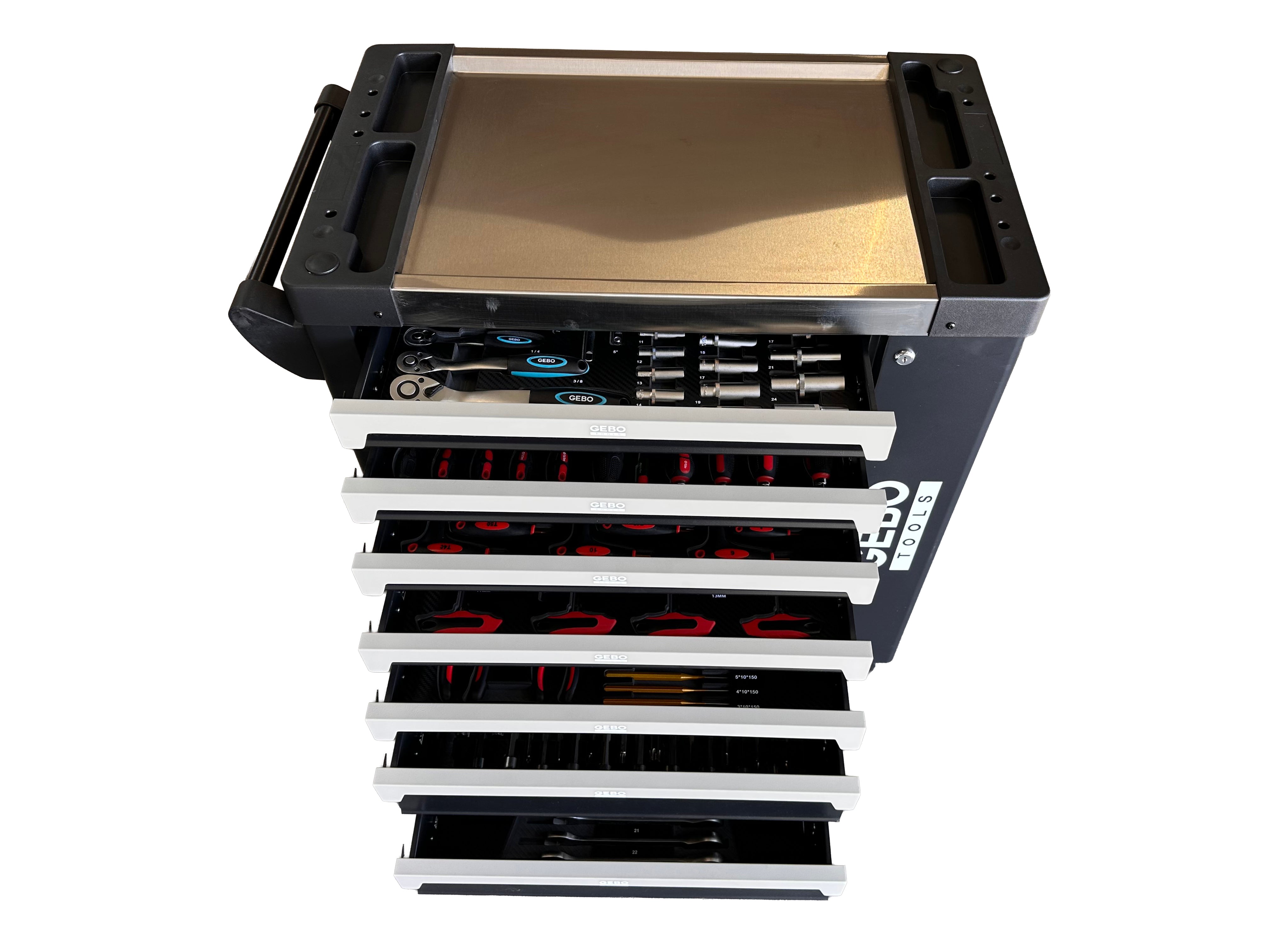 Armadio professionale attrezzato a 7 cassetti, 7 moduli, 262 pezzi, finitura carbon, carrello portautensili ,cassetta porta attrezzi mobile Gebo Tools