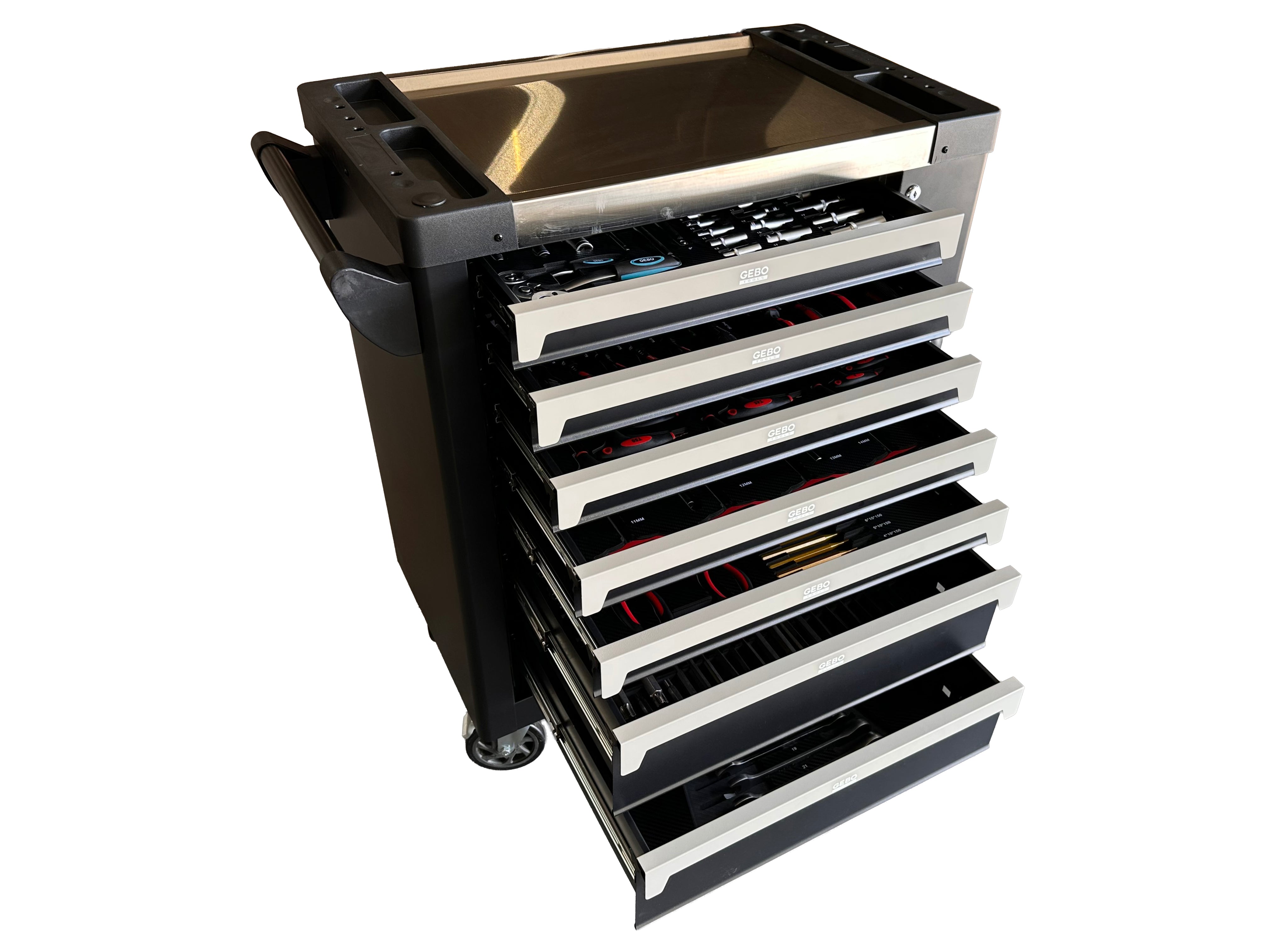 Armadio professionale attrezzato a 7 cassetti, 7 moduli, 262 pezzi, finitura carbon, carrello portautensili ,cassetta porta attrezzi mobile Gebo Tools