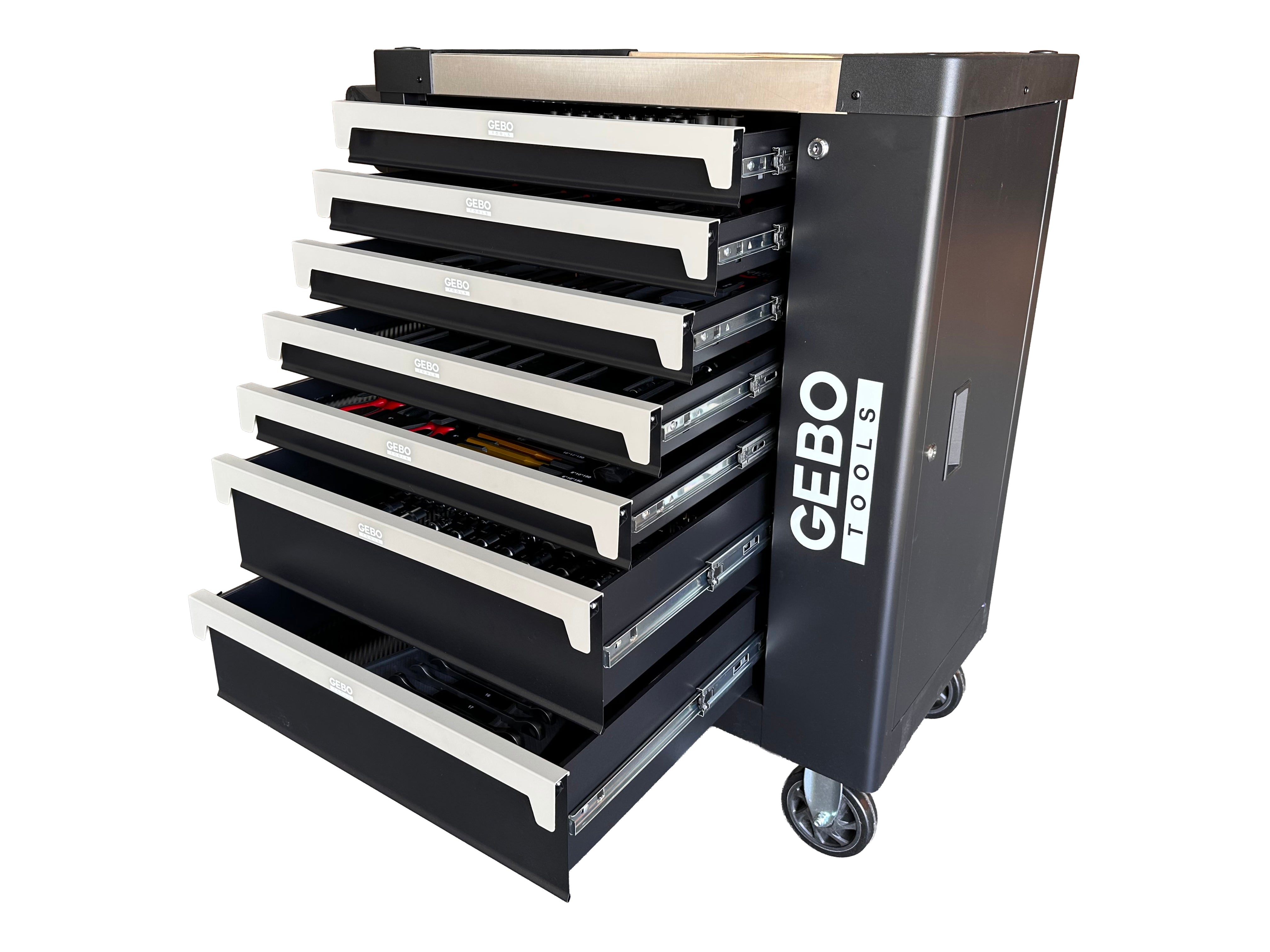 Armadio professionale attrezzato a 7 cassetti, 7 moduli, 262 pezzi, finitura carbon, carrello portautensili ,cassetta porta attrezzi mobile Gebo Tools