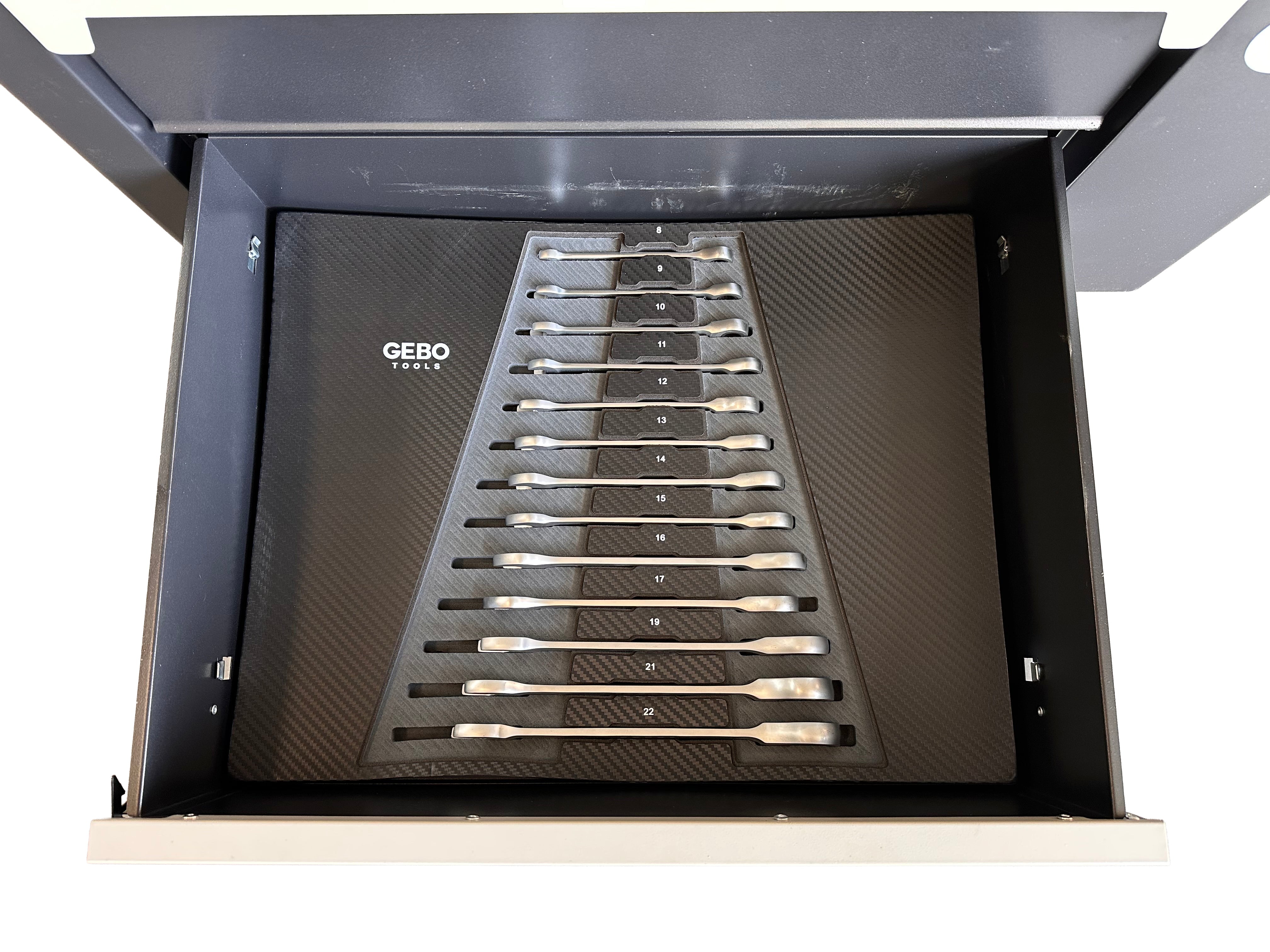 Armadio professionale attrezzato a 7 cassetti, 7 moduli, 262 pezzi, finitura carbon, carrello portautensili ,cassetta porta attrezzi mobile Gebo Tools
