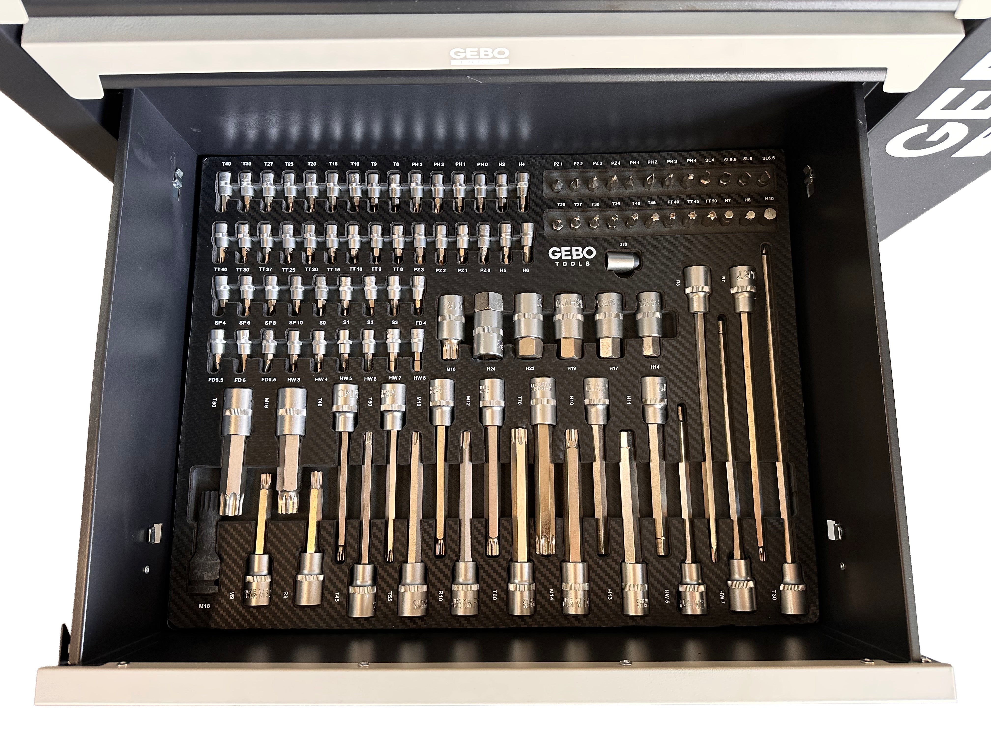 Armadio professionale attrezzato a 7 cassetti, 7 moduli, 262 pezzi, finitura carbon, carrello portautensili ,cassetta porta attrezzi mobile Gebo Tools