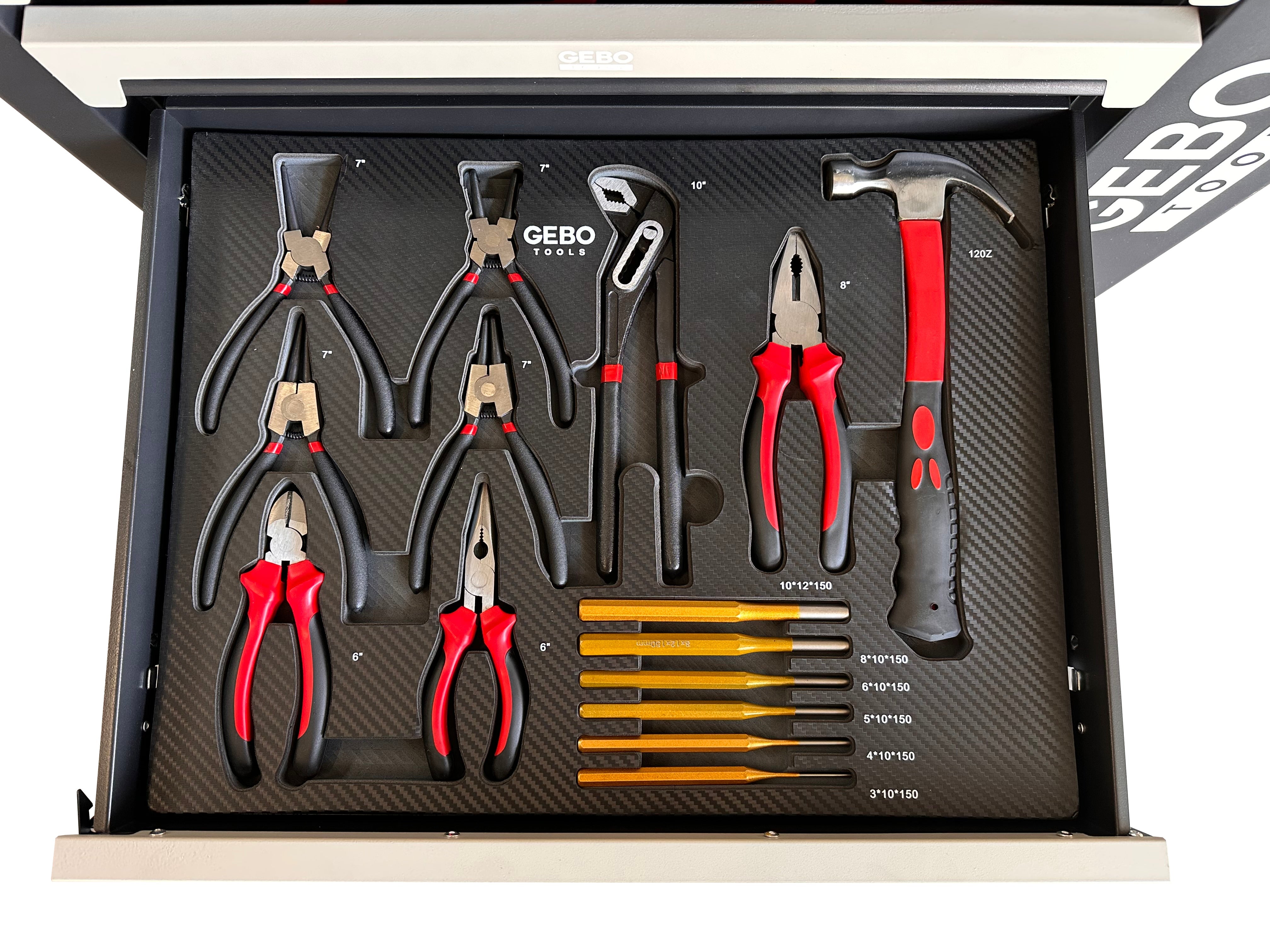 Armadio professionale attrezzato a 7 cassetti, 7 moduli, 262 pezzi, finitura carbon, carrello portautensili ,cassetta porta attrezzi mobile Gebo Tools