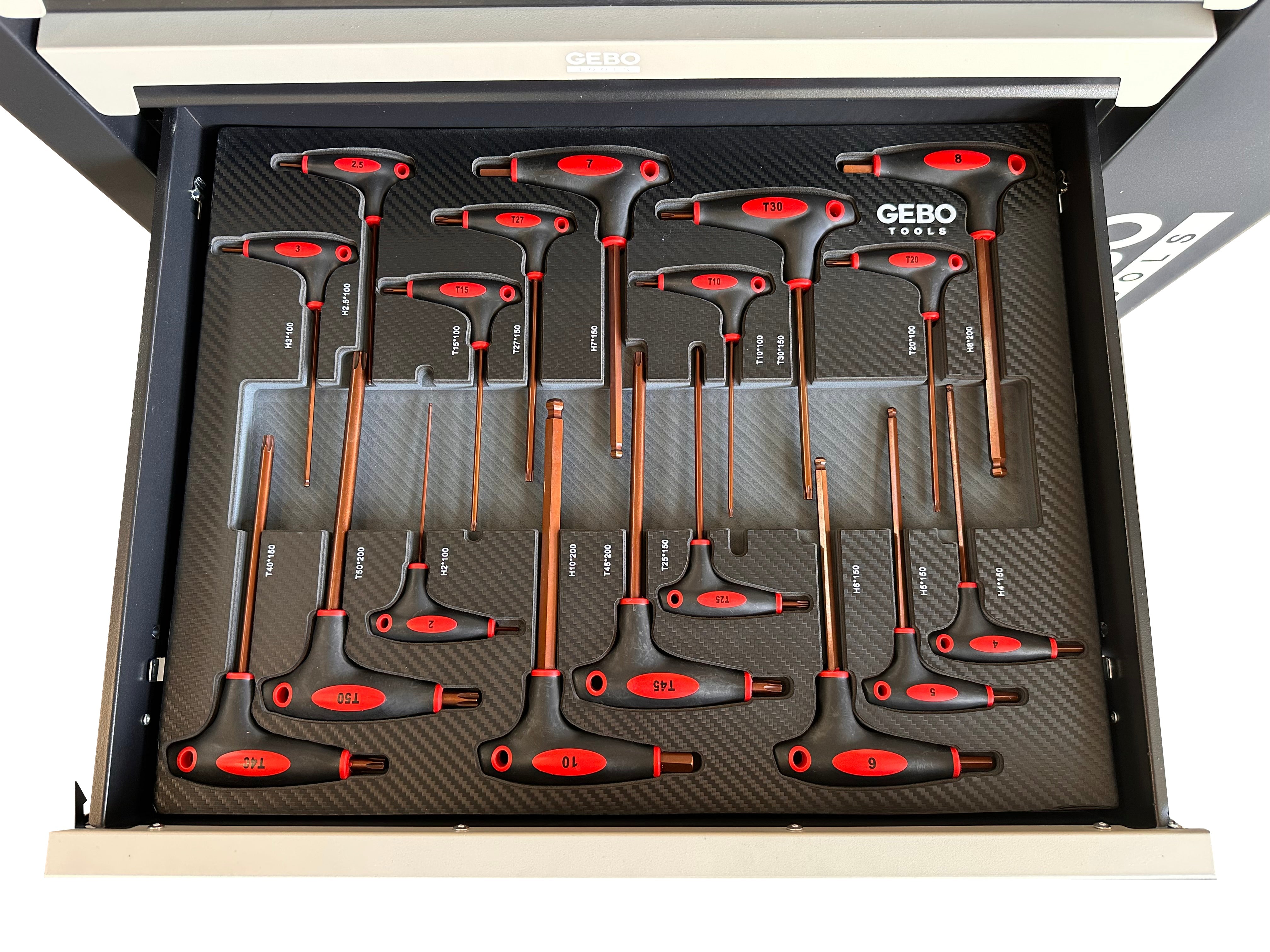 Armadio professionale attrezzato a 7 cassetti, 7 moduli, 262 pezzi, finitura carbon, carrello portautensili ,cassetta porta attrezzi mobile Gebo Tools