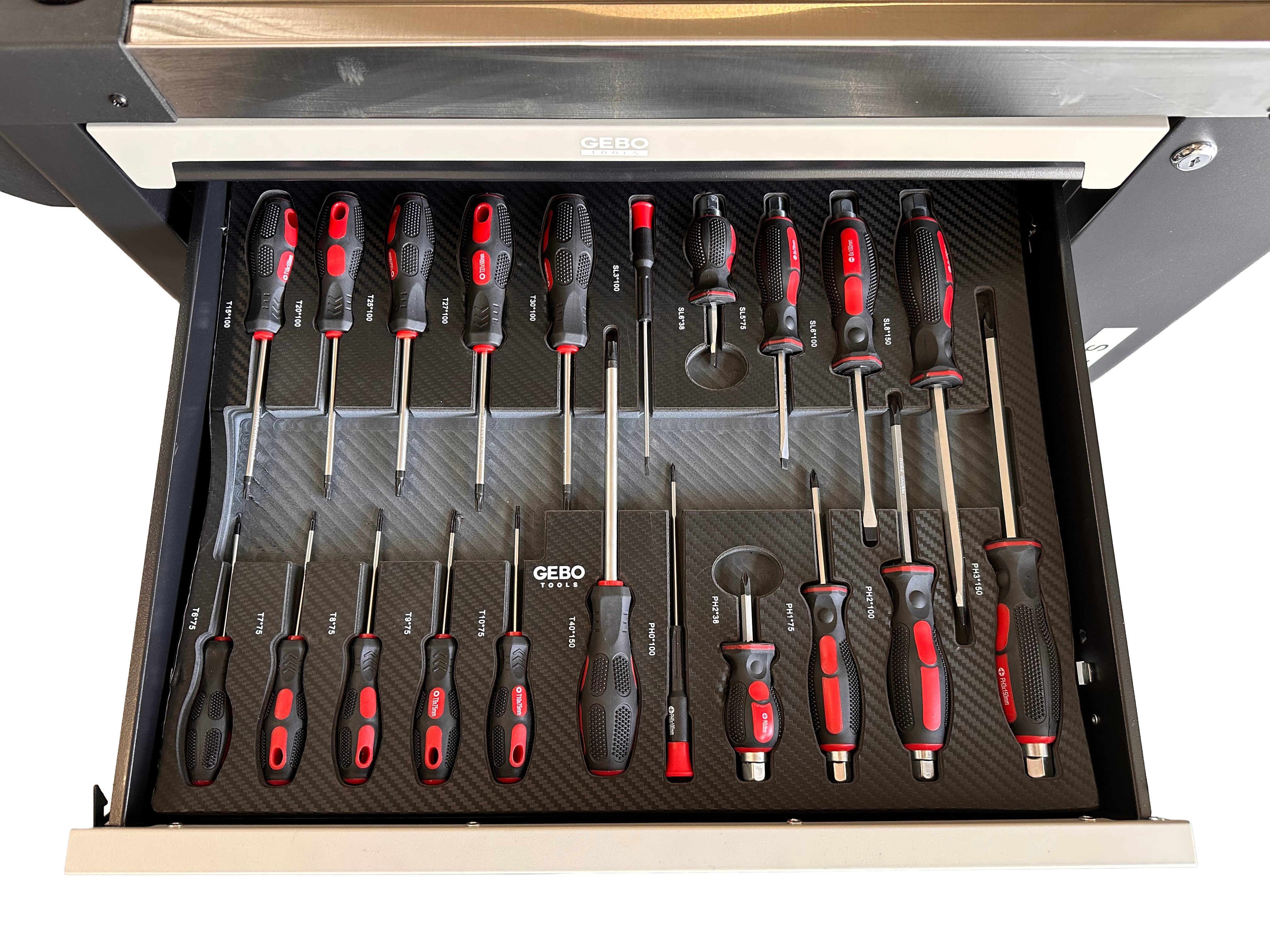 Armadio professionale attrezzato a 7 cassetti, 7 moduli, 262 pezzi, finitura carbon, carrello portautensili ,cassetta porta attrezzi mobile Gebo Tools
