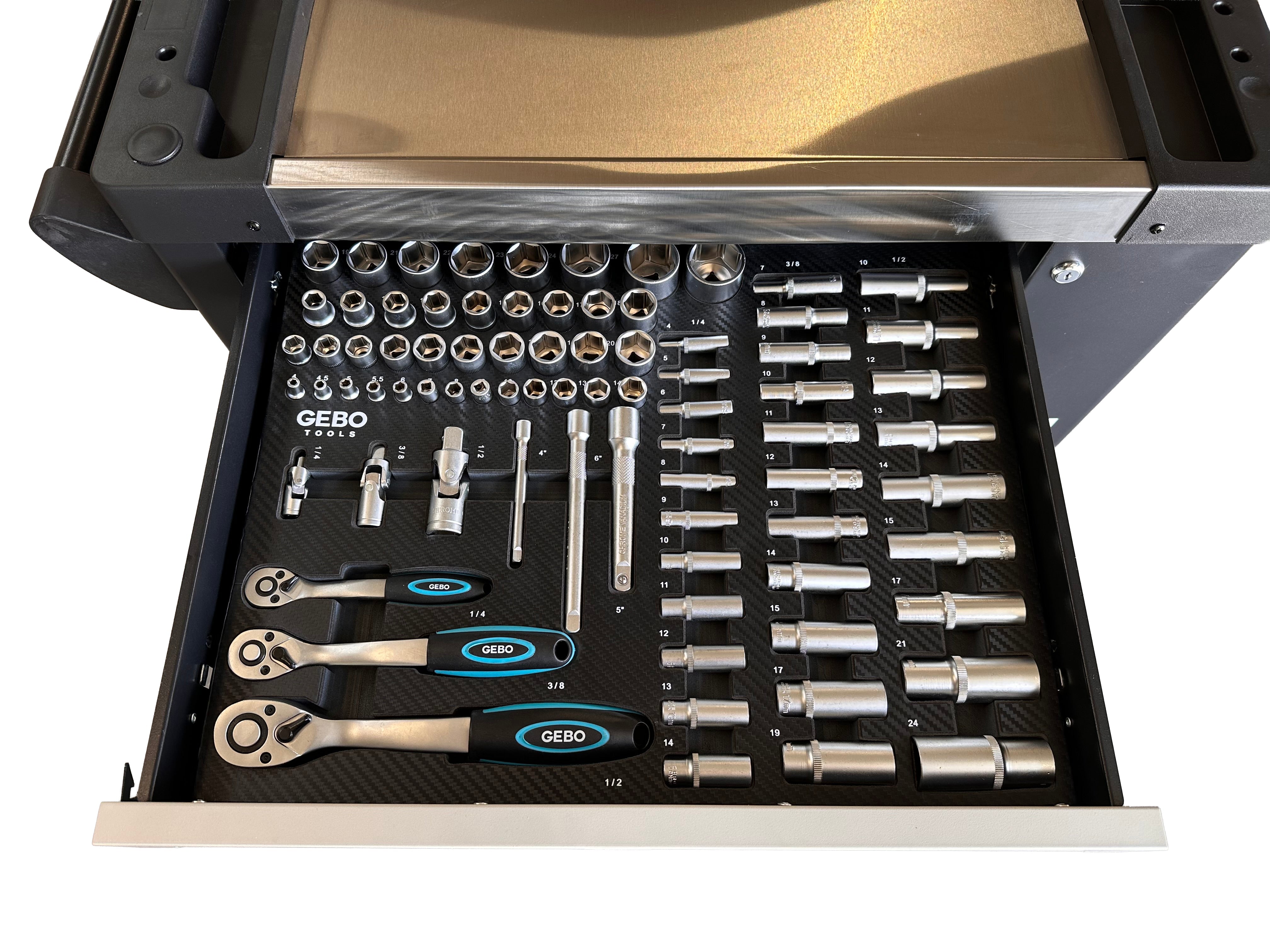 Armadio professionale attrezzato a 7 cassetti, 7 moduli, 262 pezzi, finitura carbon, carrello portautensili ,cassetta porta attrezzi mobile Gebo Tools