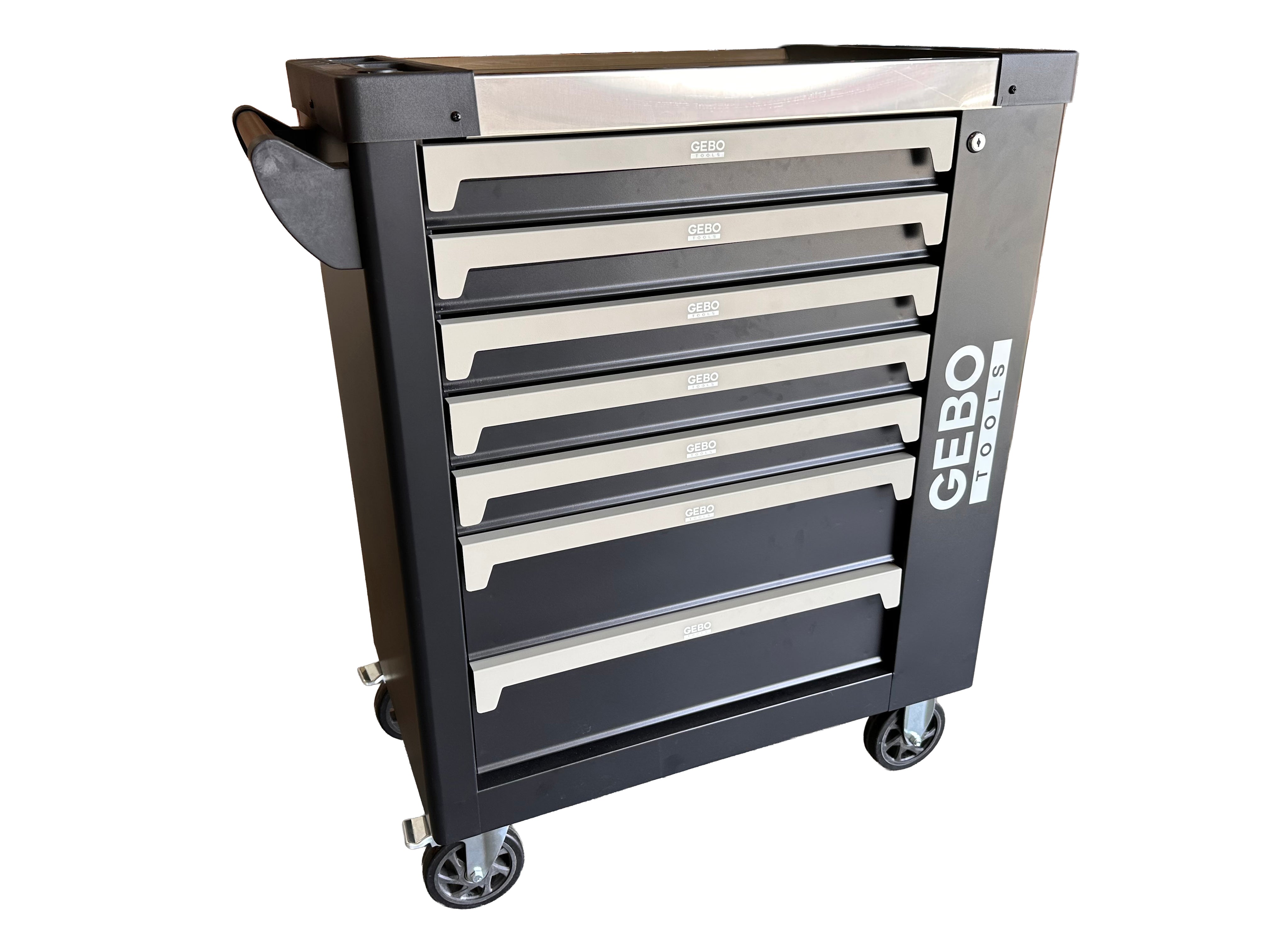 Armadio professionale attrezzato a 7 cassetti, 7 moduli, 262 pezzi, finitura carbon, carrello portautensili ,cassetta porta attrezzi mobile Gebo Tools