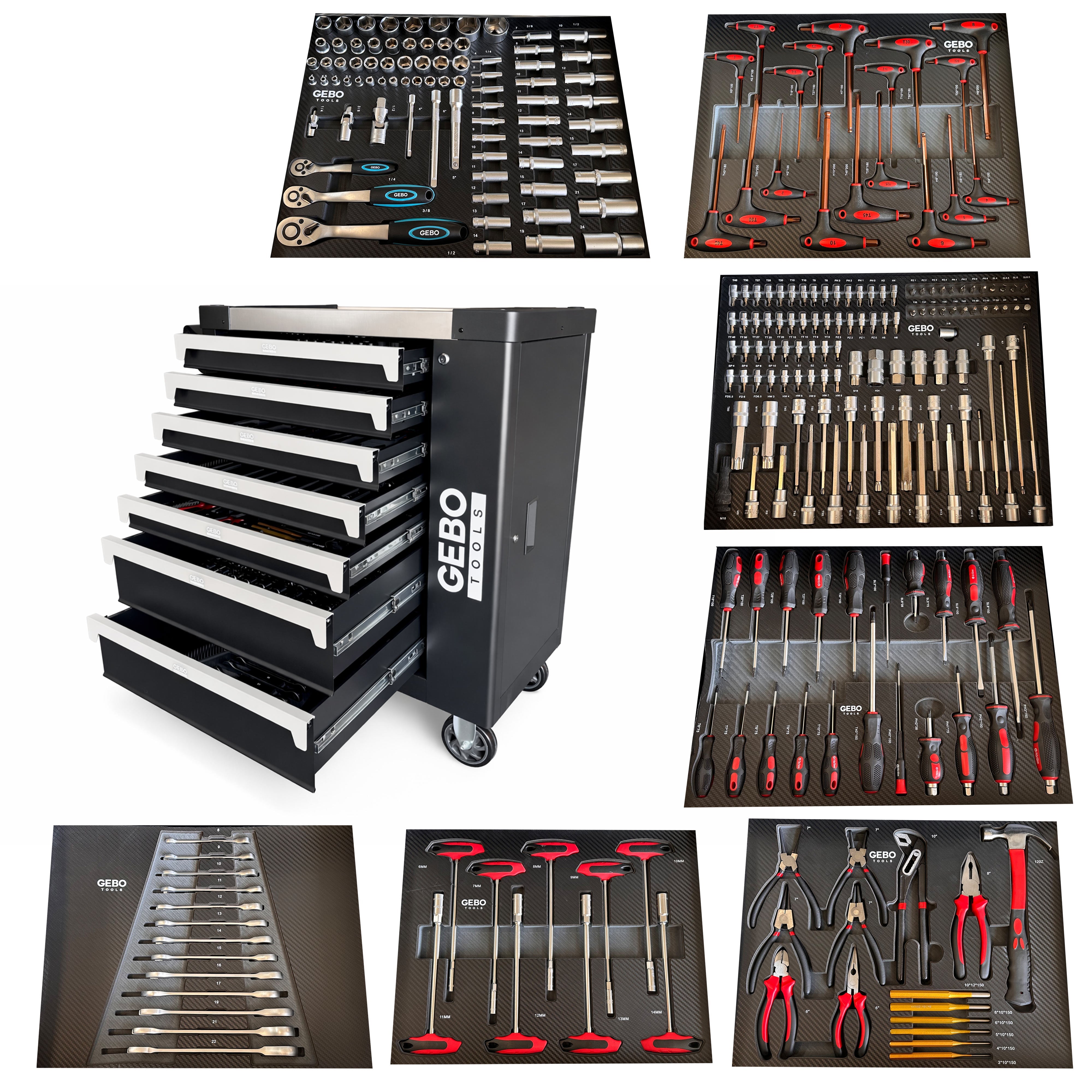 Armadio professionale attrezzato a 7 cassetti, 7 moduli, 262 pezzi, finitura carbon, carrello portautensili ,cassetta porta attrezzi mobile Gebo Tools