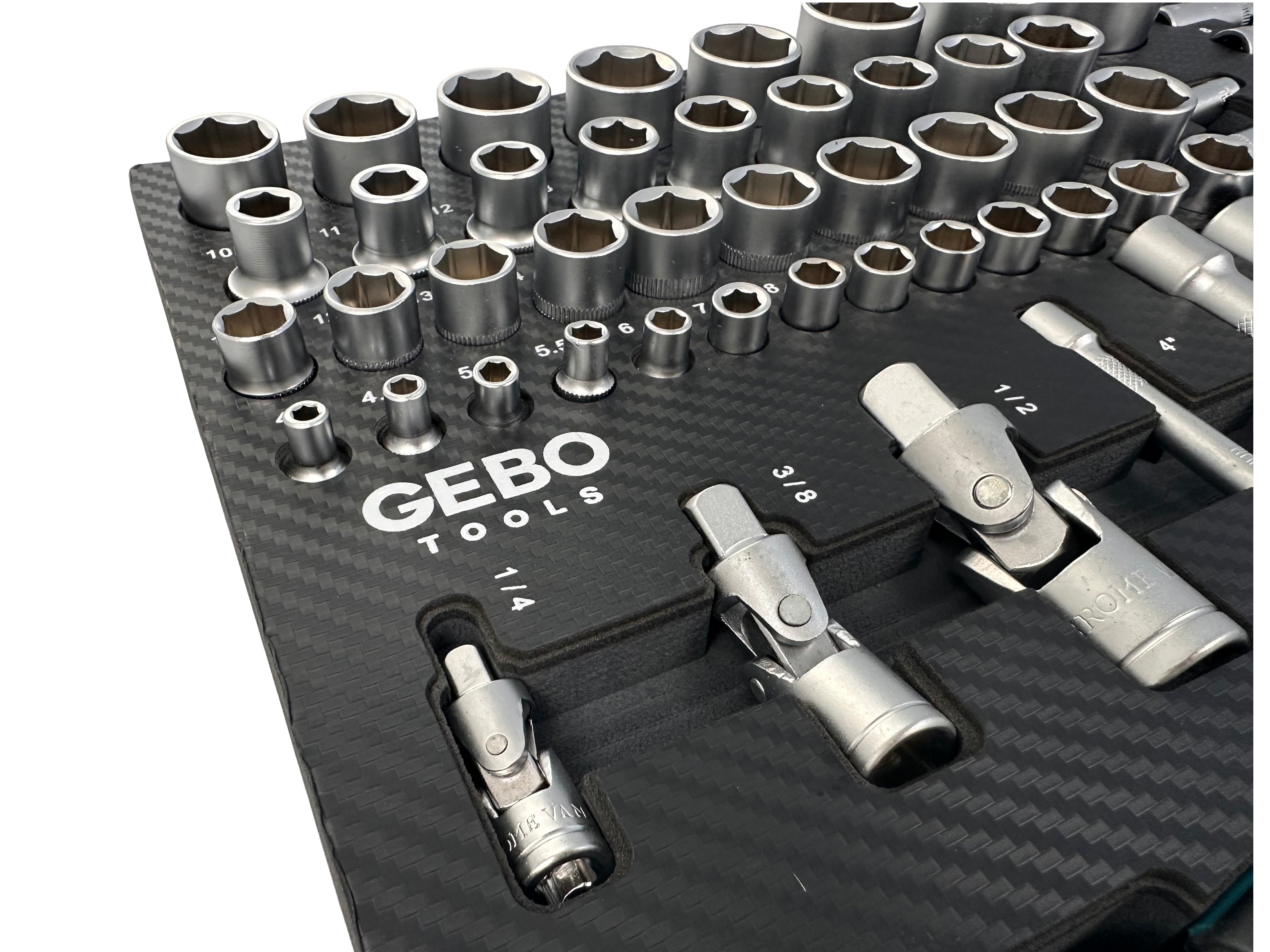 Set di bussole da 81 pezzi con inserto in schiuma per carrello portautensili, schiuma espansa, schiuma a forma di cubo, modulo per carrelli porta attrezzi, Gebo Tools