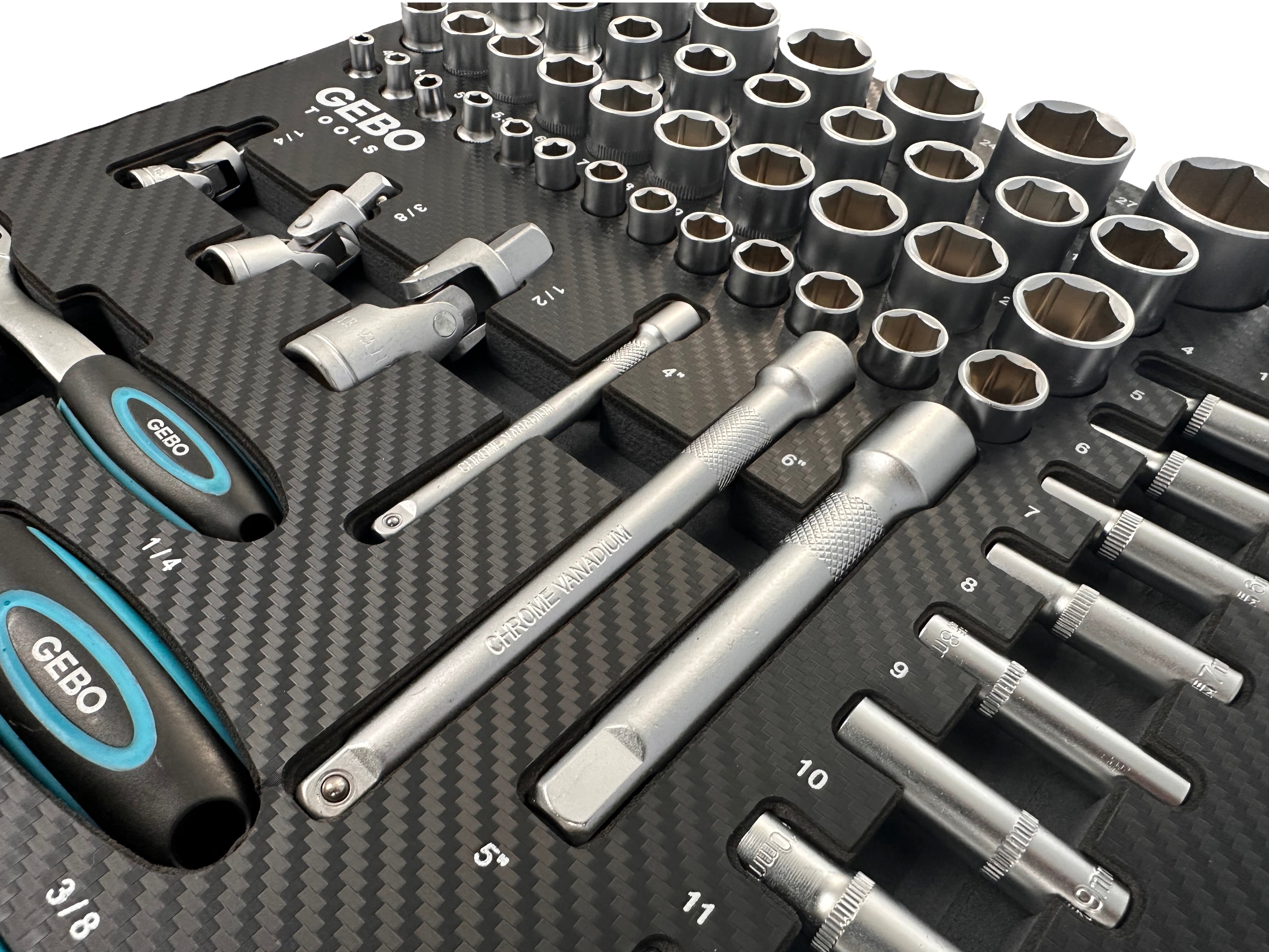 Set di bussole da 81 pezzi con inserto in schiuma per carrello portautensili, schiuma espansa, schiuma a forma di cubo, modulo per carrelli porta attrezzi, Gebo Tools