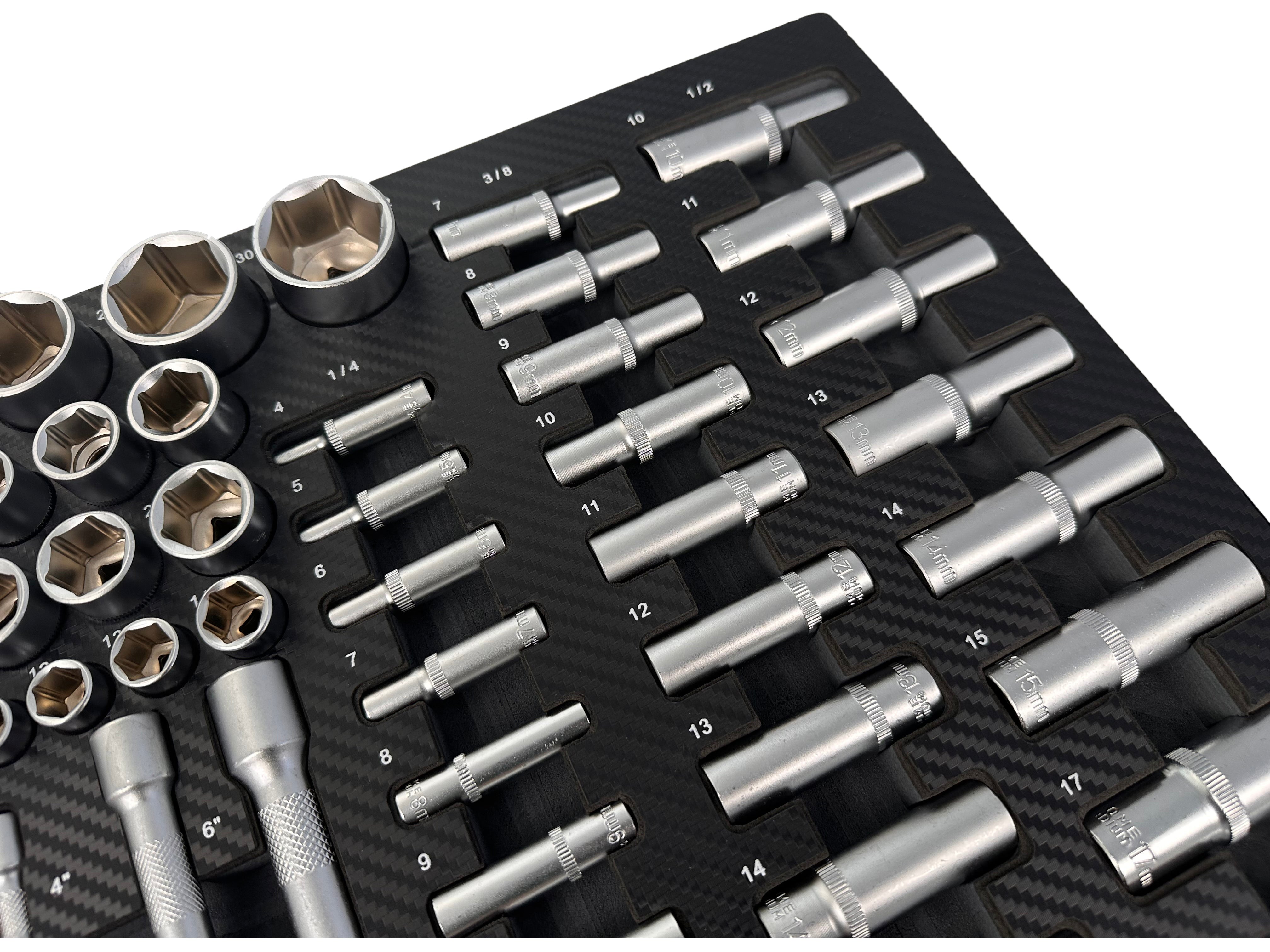 Set di bussole da 81 pezzi con inserto in schiuma per carrello portautensili, schiuma espansa, schiuma a forma di cubo, modulo per carrelli porta attrezzi, Gebo Tools
