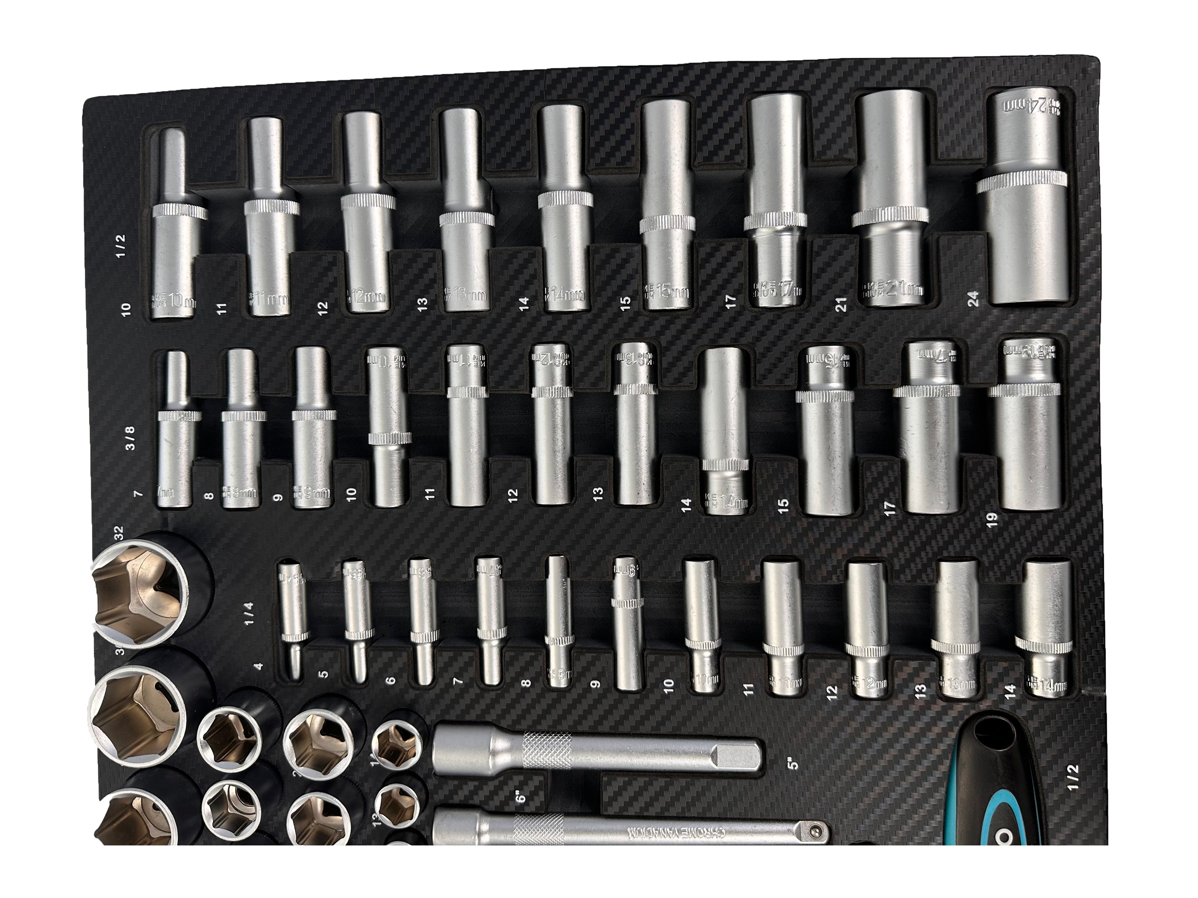Set di bussole da 81 pezzi con inserto in schiuma per carrello portautensili, schiuma espansa, schiuma a forma di cubo, modulo per carrelli porta attrezzi, Gebo Tools