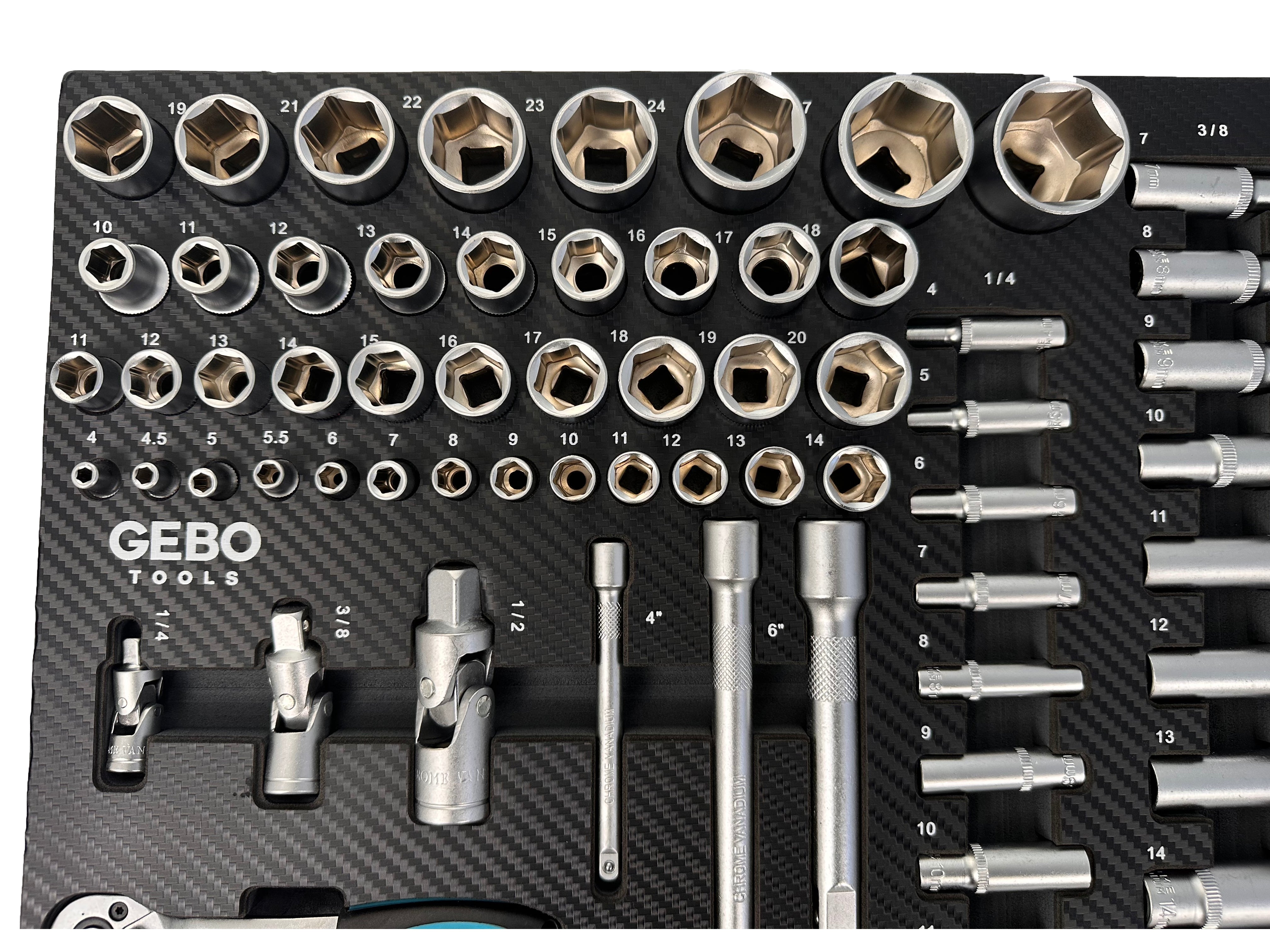 Set di bussole da 81 pezzi con inserto in schiuma per carrello portautensili, schiuma espansa, schiuma a forma di cubo, modulo per carrelli porta attrezzi, Gebo Tools