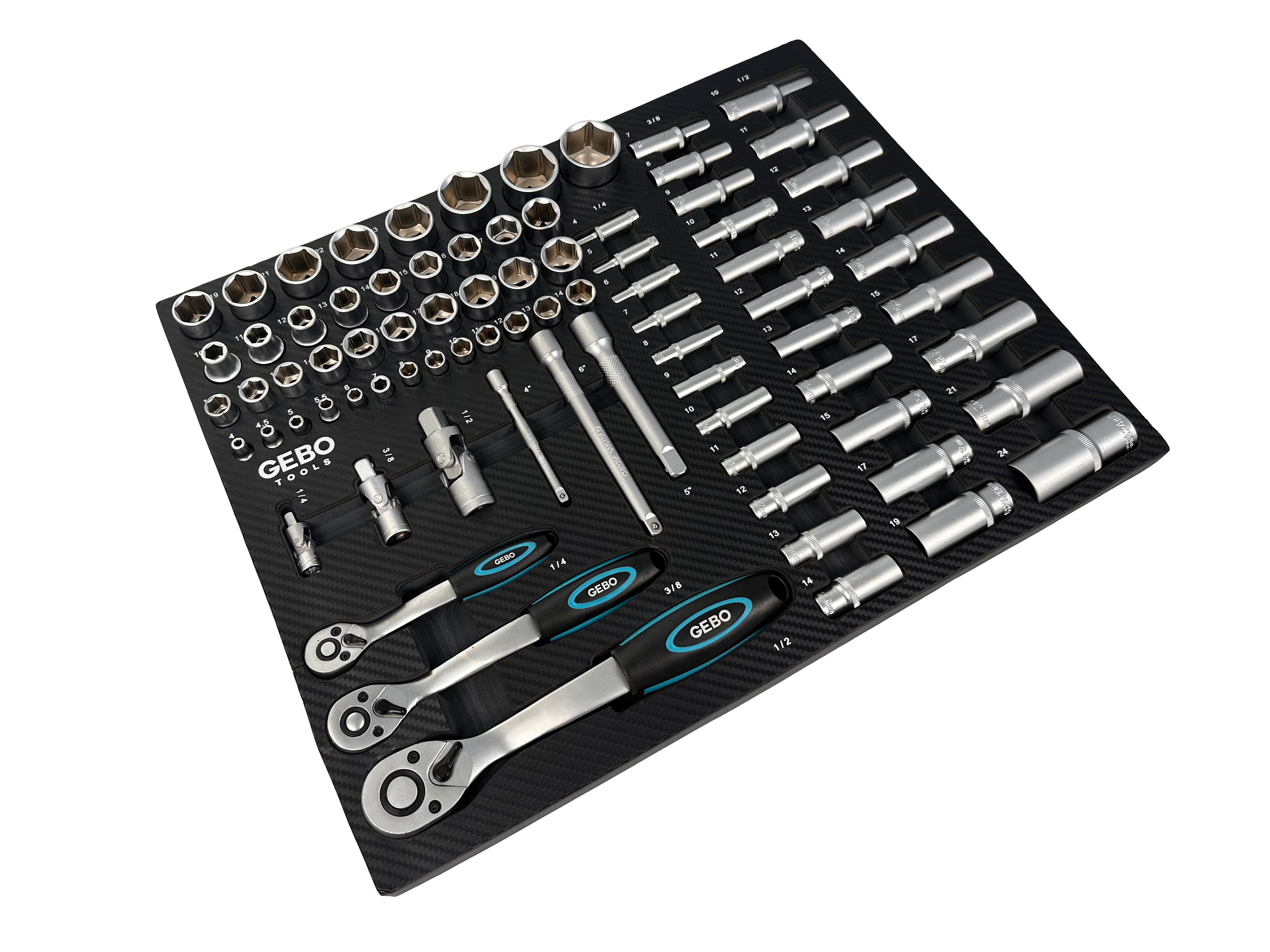 Set di bussole da 81 pezzi con inserto in schiuma per carrello portautensili, schiuma espansa, schiuma a forma di cubo, modulo per carrelli porta attrezzi, Gebo Tools