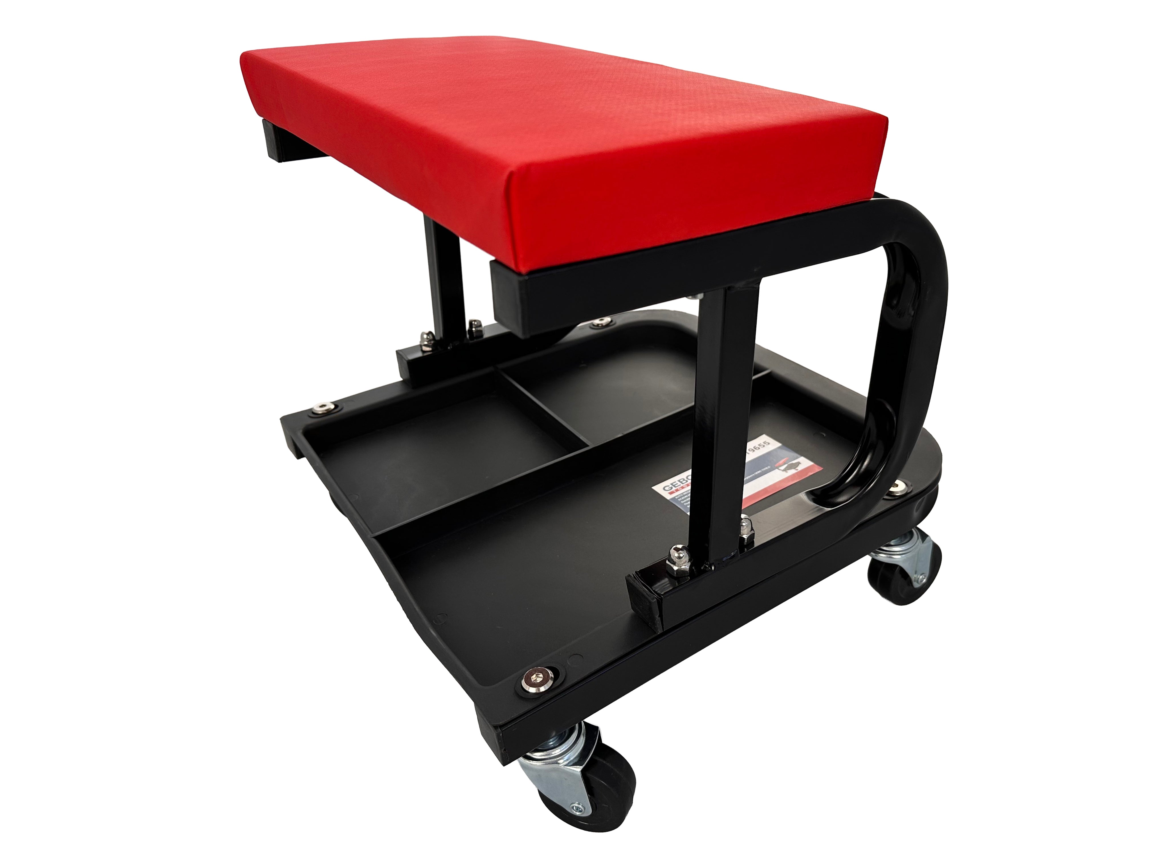Sgabello per officina con ruote, sgabello di montaggio, carrello meccanico con ripiano porta-attrezzi a 3 scomparti, sgabello da officina su ruote, sgabello meccanico garage, Gebo Tools