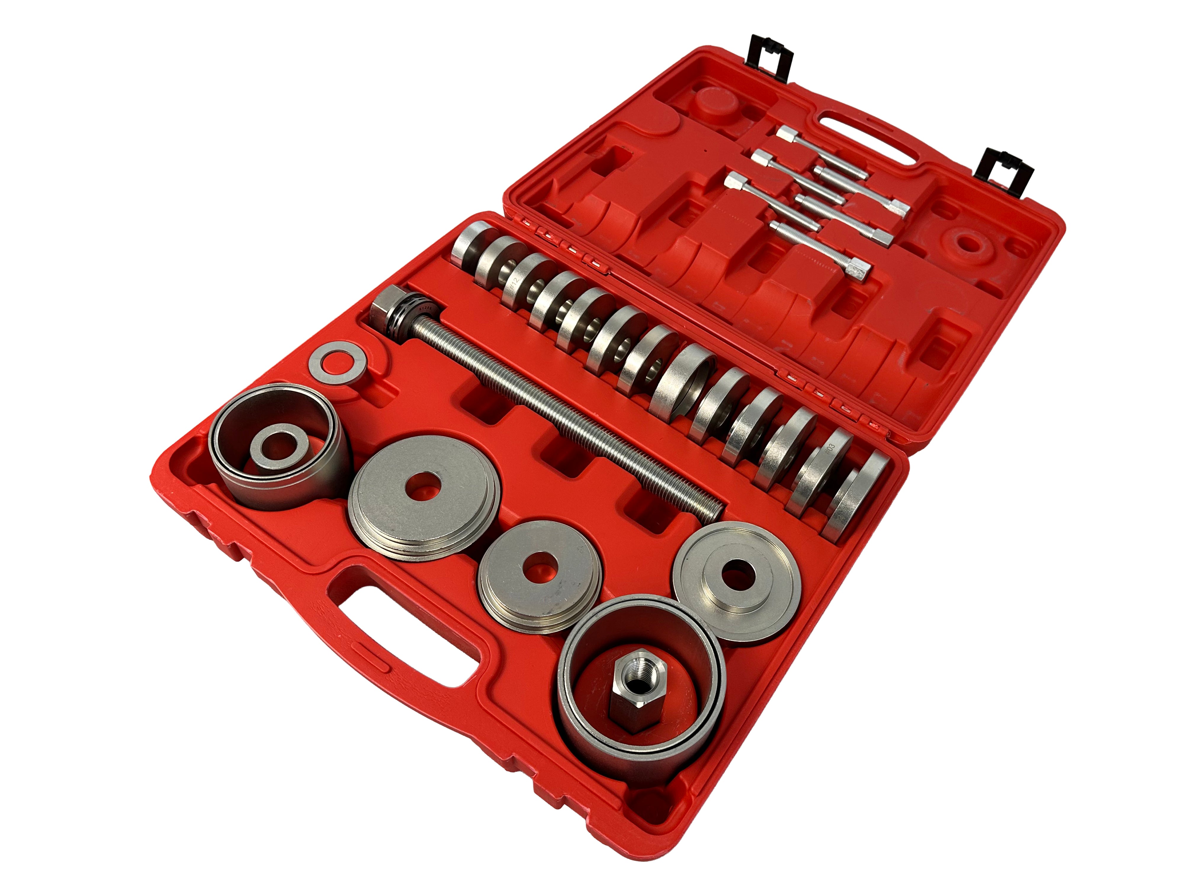 Set pressa estrattore boccole e cuscinetti mozzi ruota, fusello portamozzo con adattatori 50-102 mm, 34 pezzi Gebo Tools