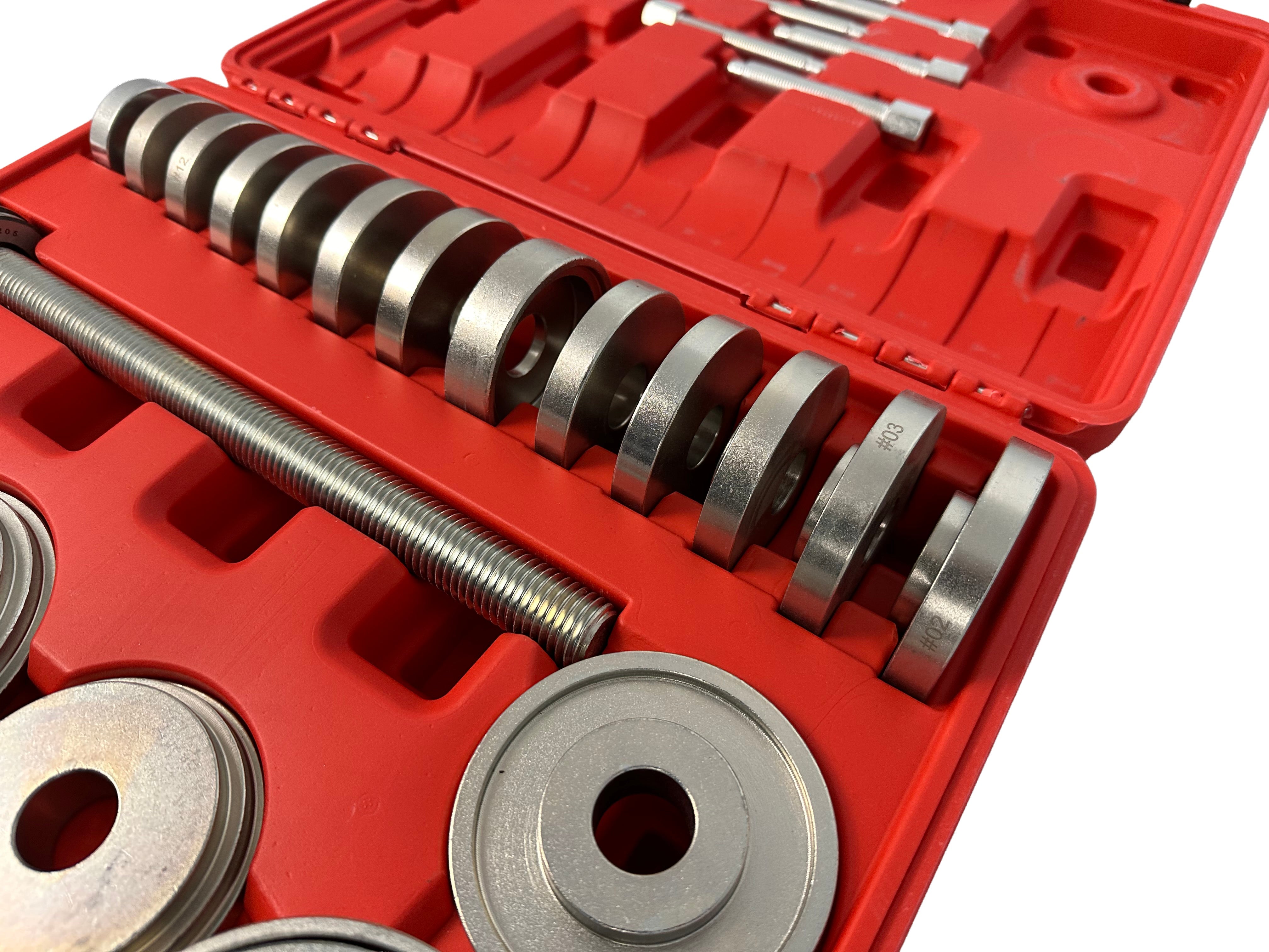Set pressa estrattore boccole e cuscinetti mozzi ruota, fusello portamozzo con adattatori 50-102 mm, 34 pezzi Gebo Tools