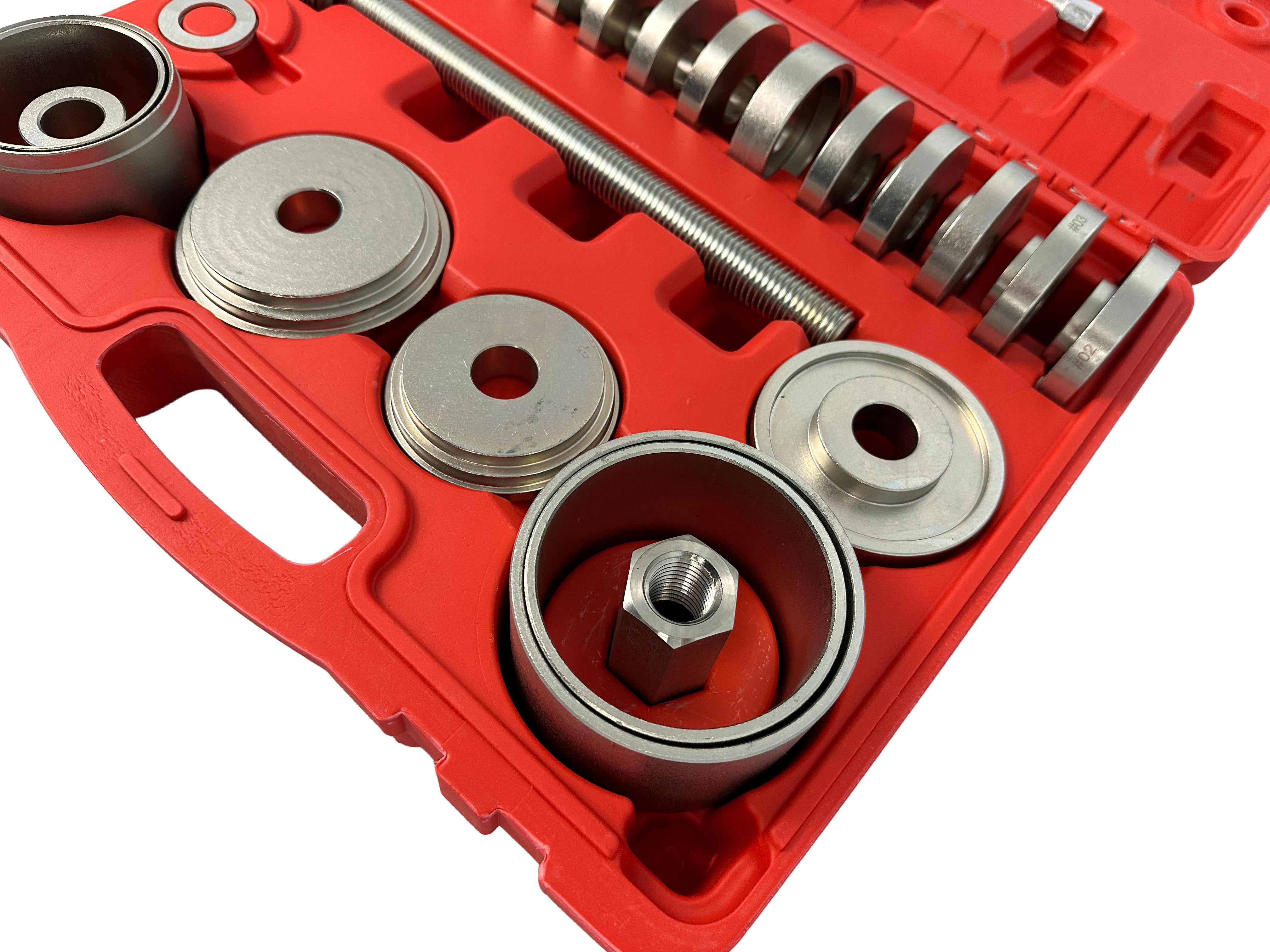 Set pressa estrattore boccole e cuscinetti mozzi ruota, fusello portamozzo con adattatori 50-102 mm, 34 pezzi Gebo Tools