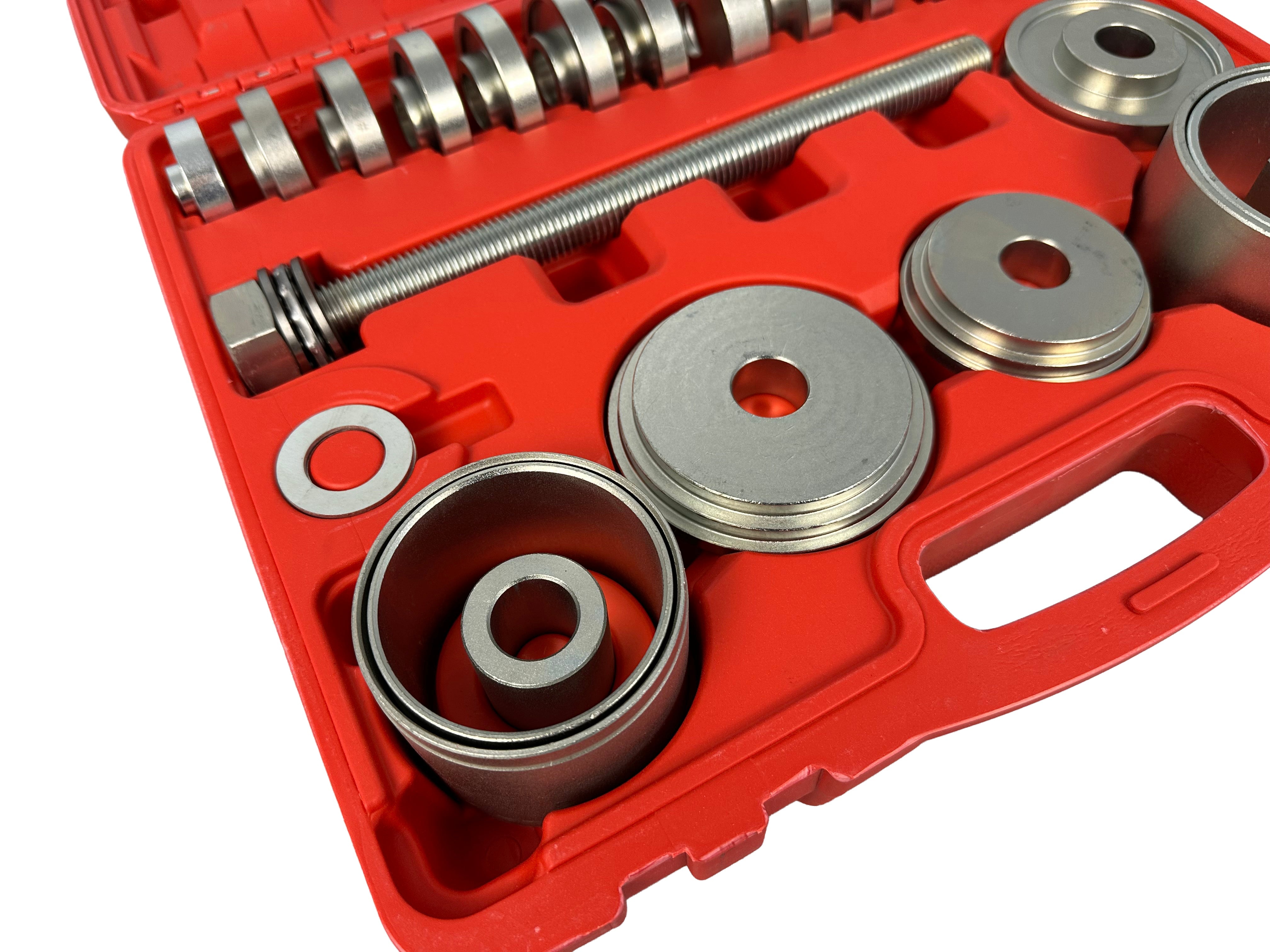 Set pressa estrattore boccole e cuscinetti mozzi ruota, fusello portamozzo con adattatori 50-102 mm, 34 pezzi Gebo Tools