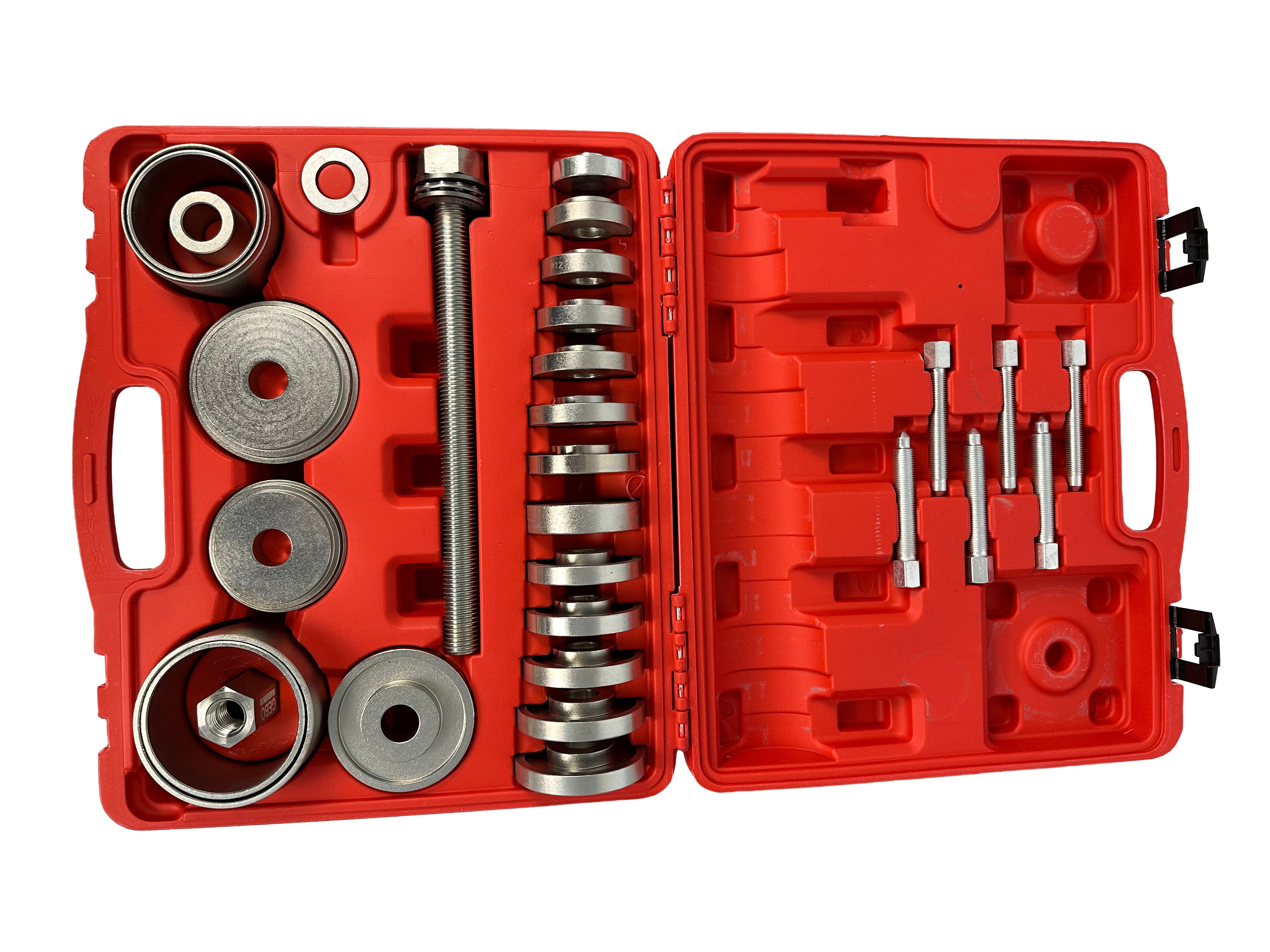 Set pressa estrattore boccole e cuscinetti mozzi ruota, fusello portamozzo con adattatori 50-102 mm, 34 pezzi Gebo Tools