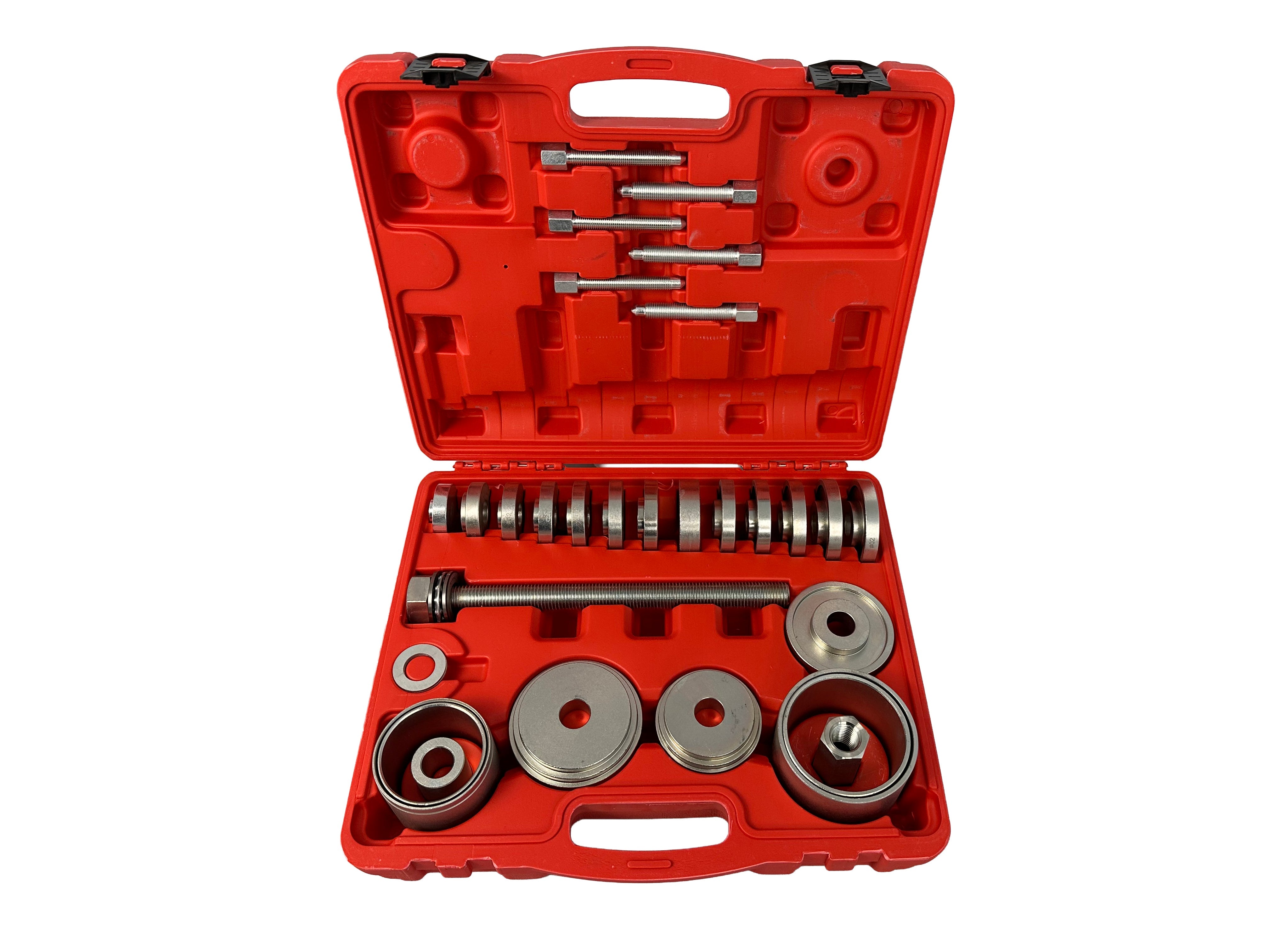 Set pressa estrattore boccole e cuscinetti mozzi ruota, fusello portamozzo con adattatori 50-102 mm, 34 pezzi Gebo Tools