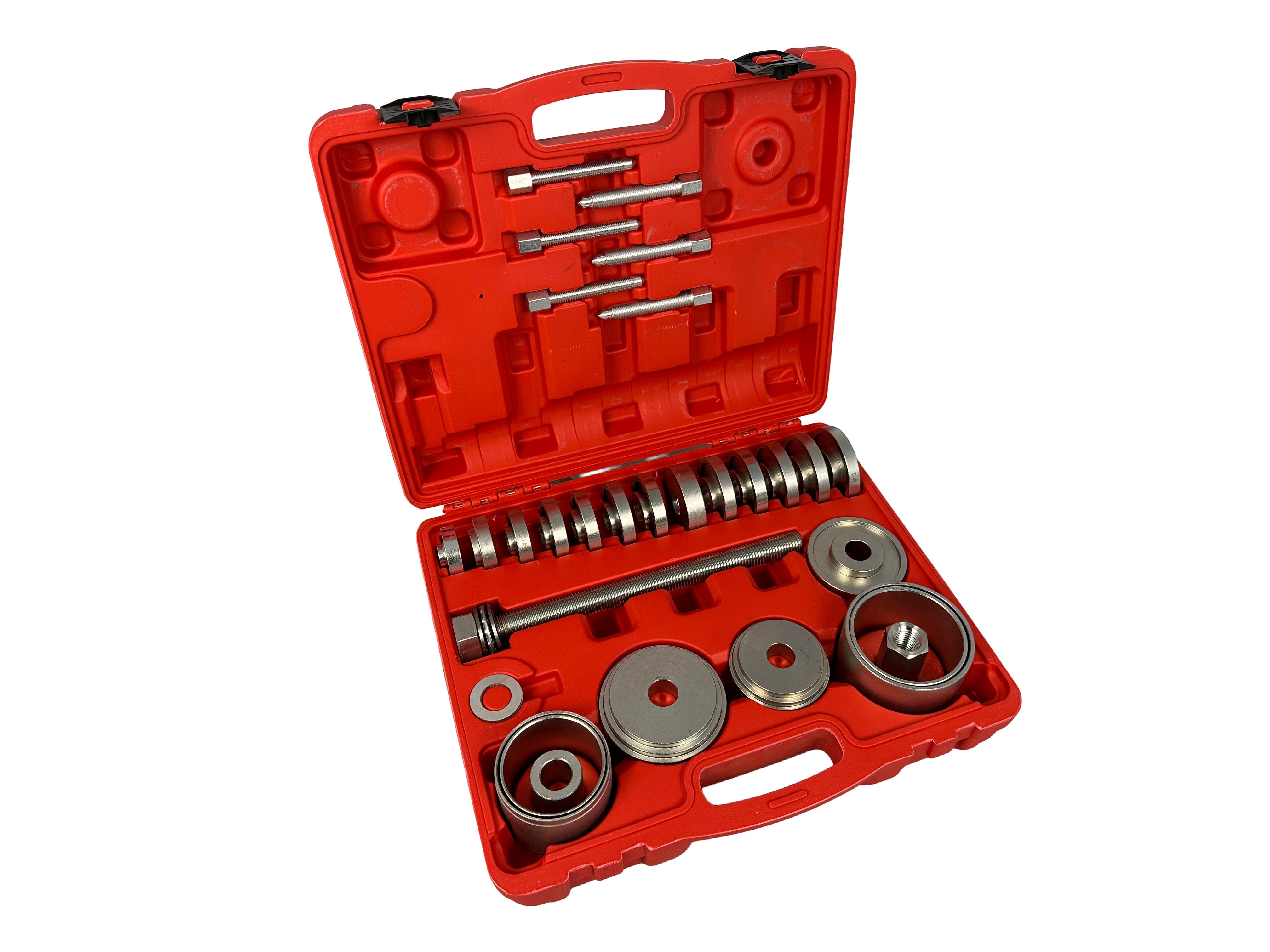 Set pressa estrattore boccole e cuscinetti mozzi ruota, fusello portamozzo con adattatori 50-102 mm, 34 pezzi Gebo Tools