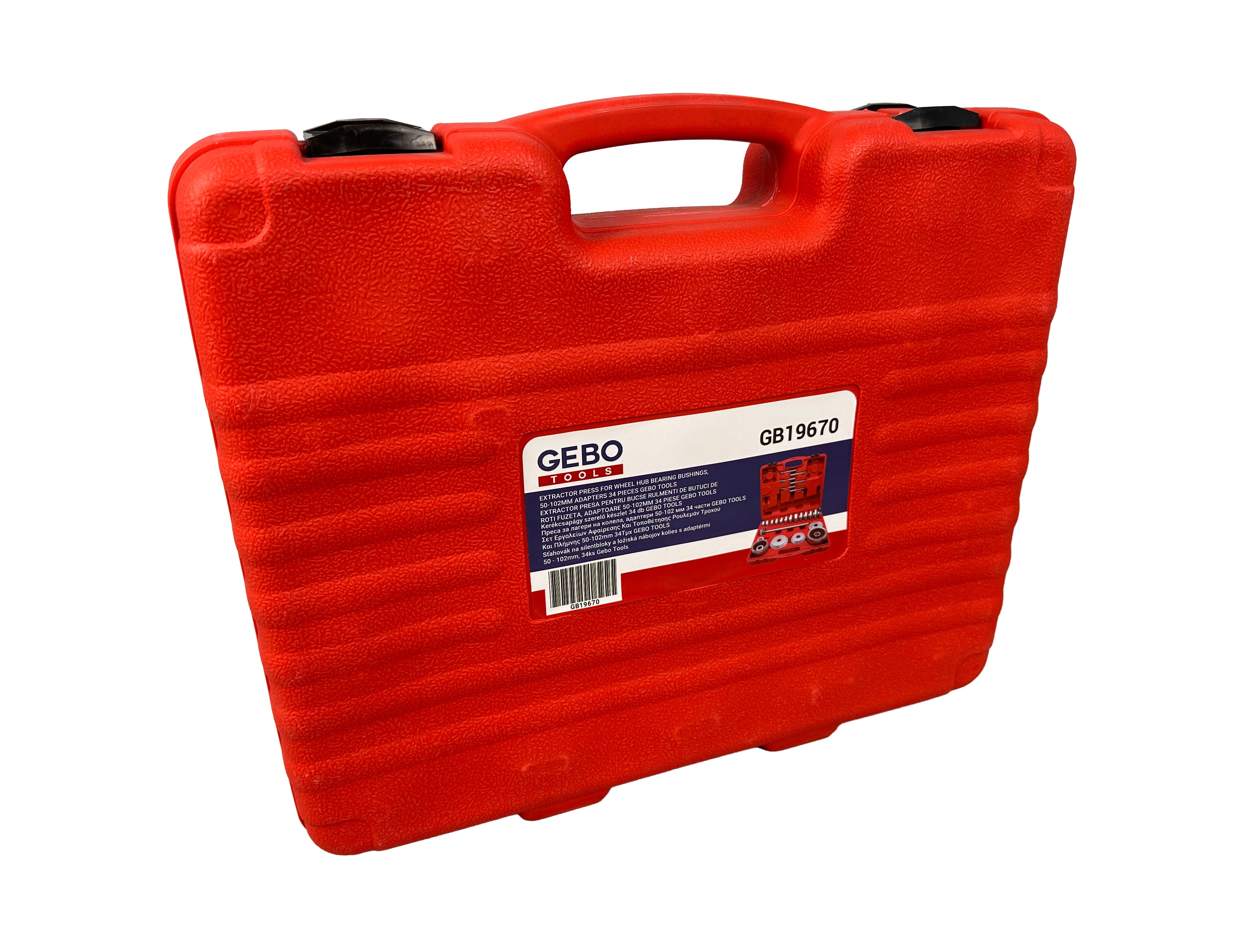 Set pressa estrattore boccole e cuscinetti mozzi ruota, fusello portamozzo con adattatori 50-102 mm, 34 pezzi Gebo Tools