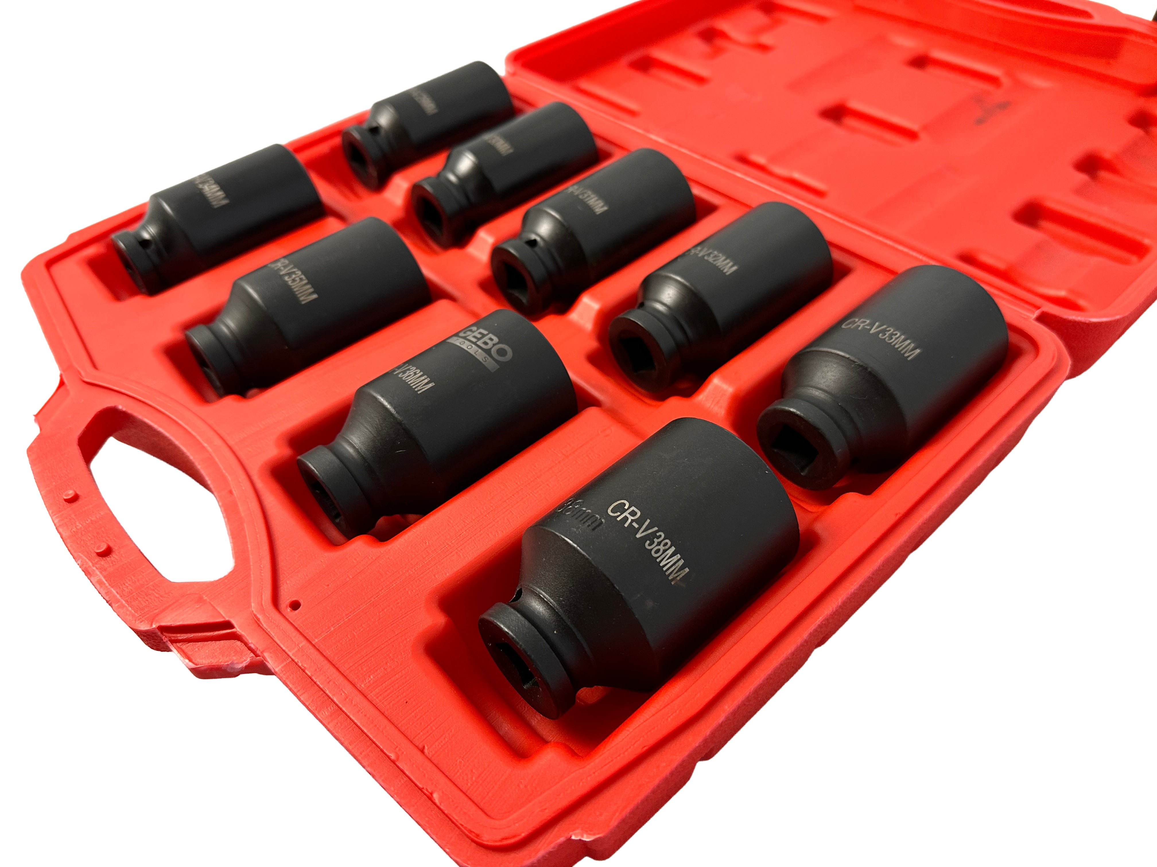Set di chiavi e bussole a impatto, per ingranaggio planetario motore, 1/2" esagonali, 9 pezzi 29-38 mm Gebo Tools