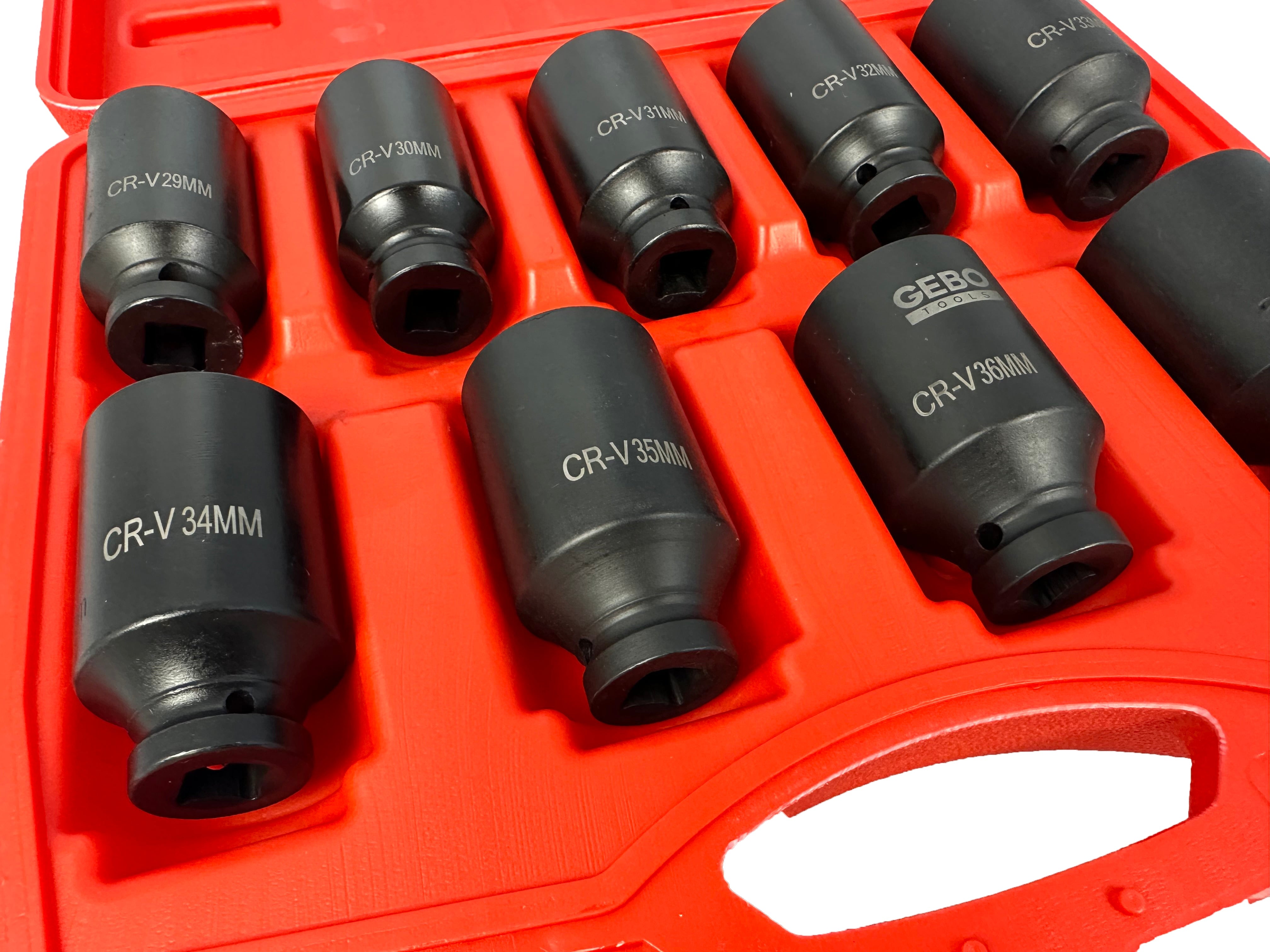Set di chiavi e bussole a impatto, per ingranaggio planetario motore, 1/2" esagonali, 9 pezzi 29-38 mm Gebo Tools