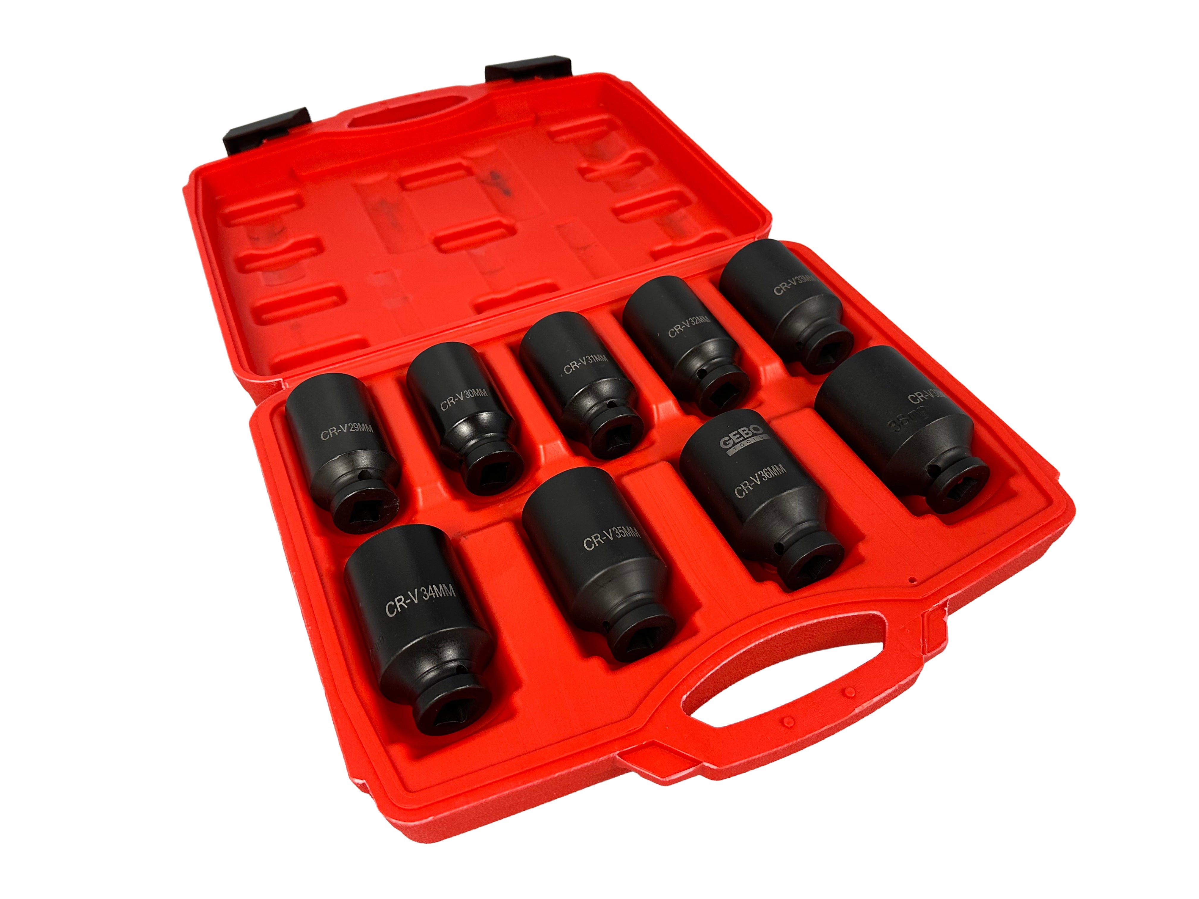 Set di chiavi e bussole a impatto, per ingranaggio planetario motore, 1/2" esagonali, 9 pezzi 29-38 mm Gebo Tools