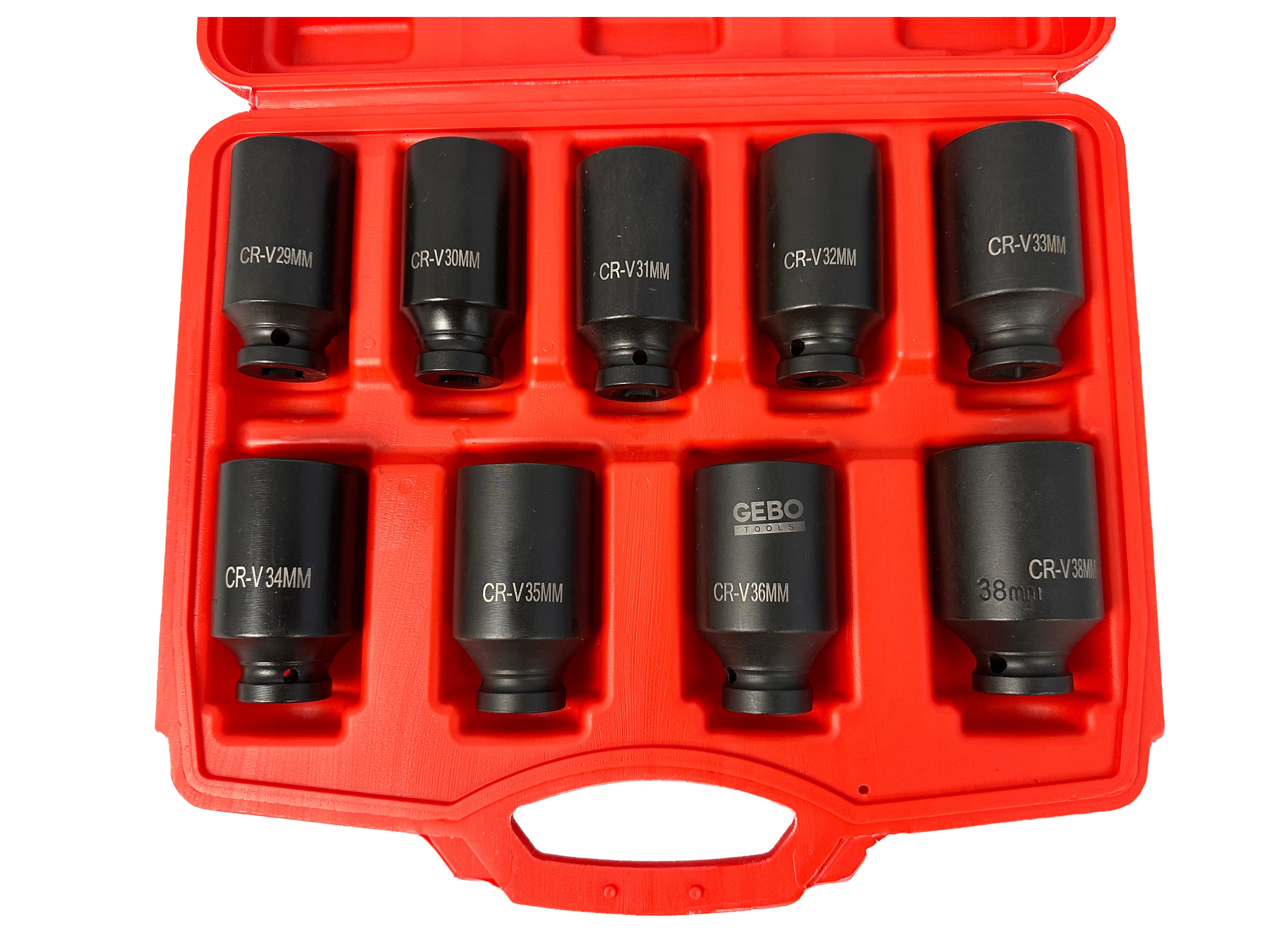 Set di chiavi e bussole a impatto, per ingranaggio planetario motore, 1/2" esagonali, 9 pezzi 29-38 mm Gebo Tools