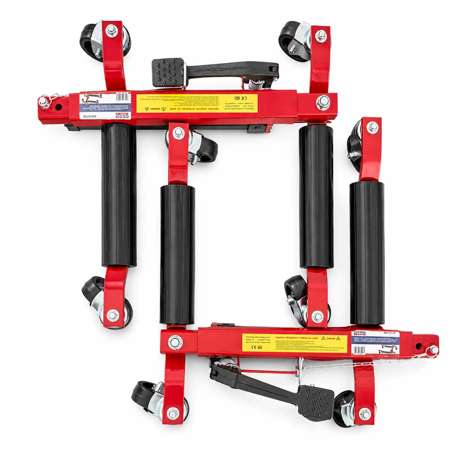 Dispositivo idraulico per spostamento veicoli incidentati , kit carrelli sposta auto moto danneggiate, set sollevatori-posizionatori parcheggio veicolo, garage, officina, con portata fino a 680 kg, Gebo Tools