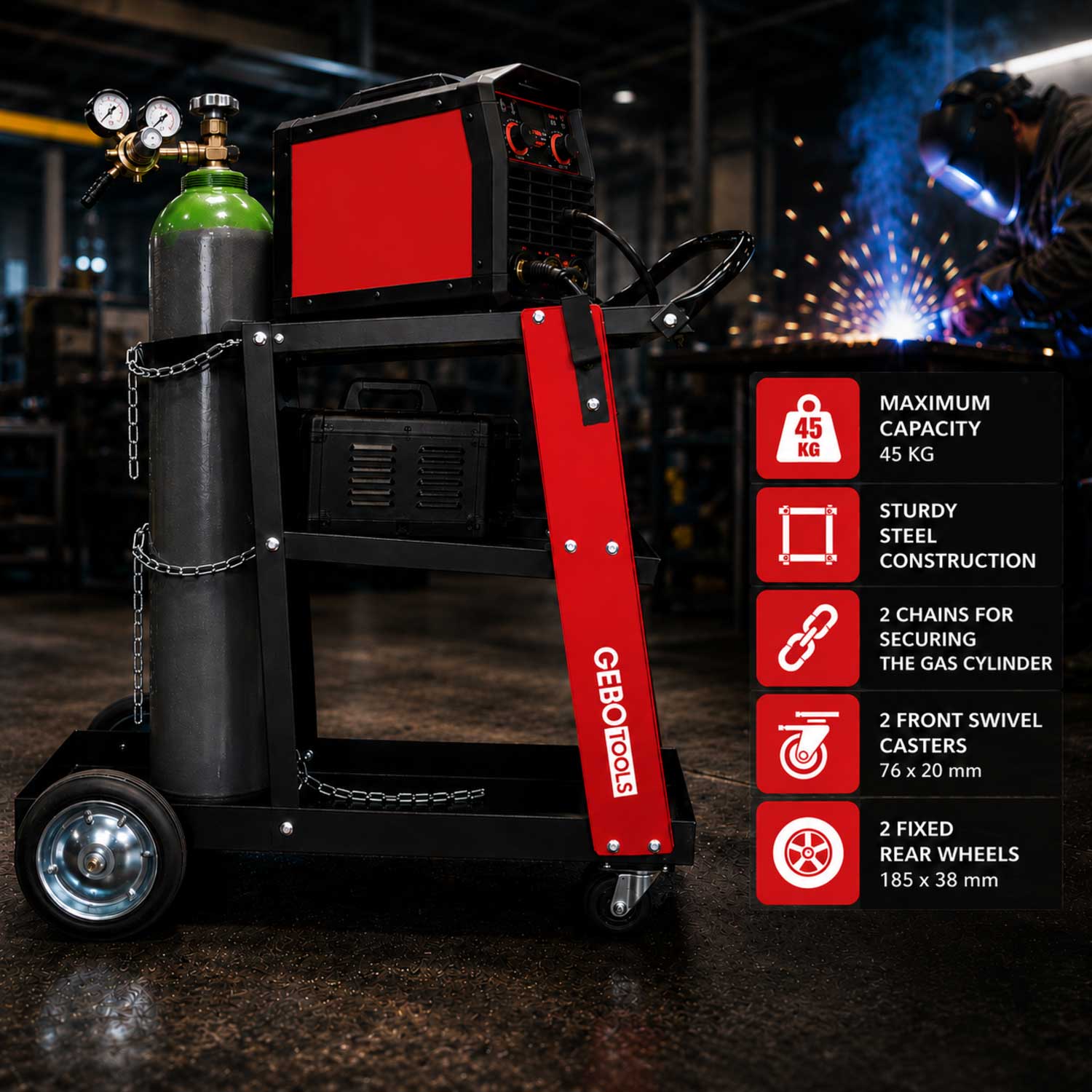 Carrello per saldatura a 3 ripiani, carrello per trasporto saldatrice con ruote carico massimo 45 kg, carrello per attrezzatura di saldatura da officina, banco saldatura bloccabile,ruote 360°,catene di sicurezza,stoccaggio serbatoi, Gebo Tools