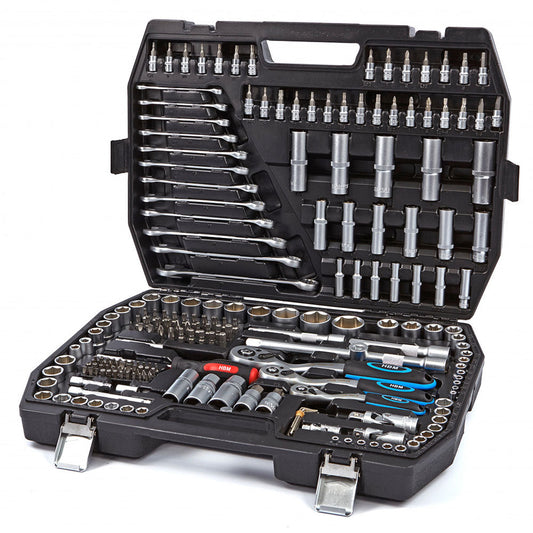 Valigetta utensili professionale 216 pezzi, serie di chiavi a bussola in Cr-V, torx cricchetti, prolunghe, kit attrezzi per auto, officina fai-da-te con attacchi 1/2" 3/8" 1/4", Hbm Olanda