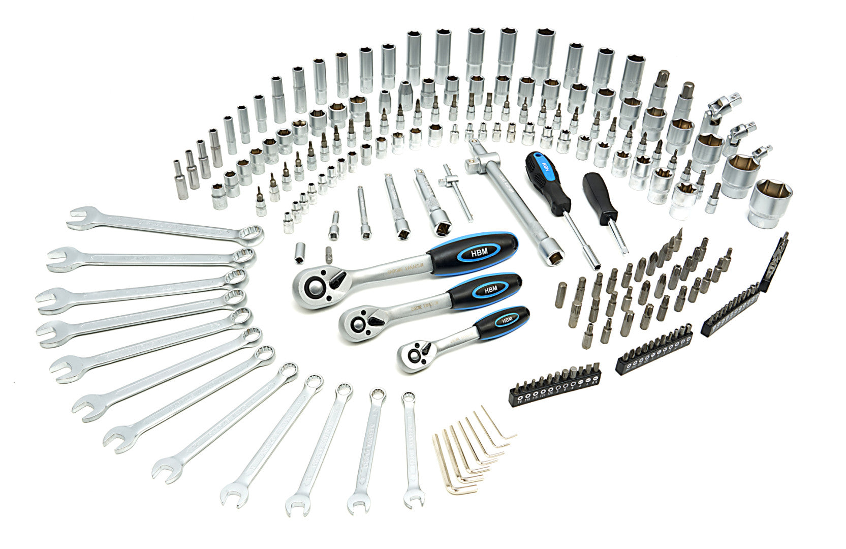 Valigetta utensili professionale 216 pezzi, serie di chiavi a bussola in Cr-V, torx cricchetti, prolunghe, kit attrezzi per auto, officina fai-da-te con attacchi 1/2" 3/8" 1/4", Hbm Olanda