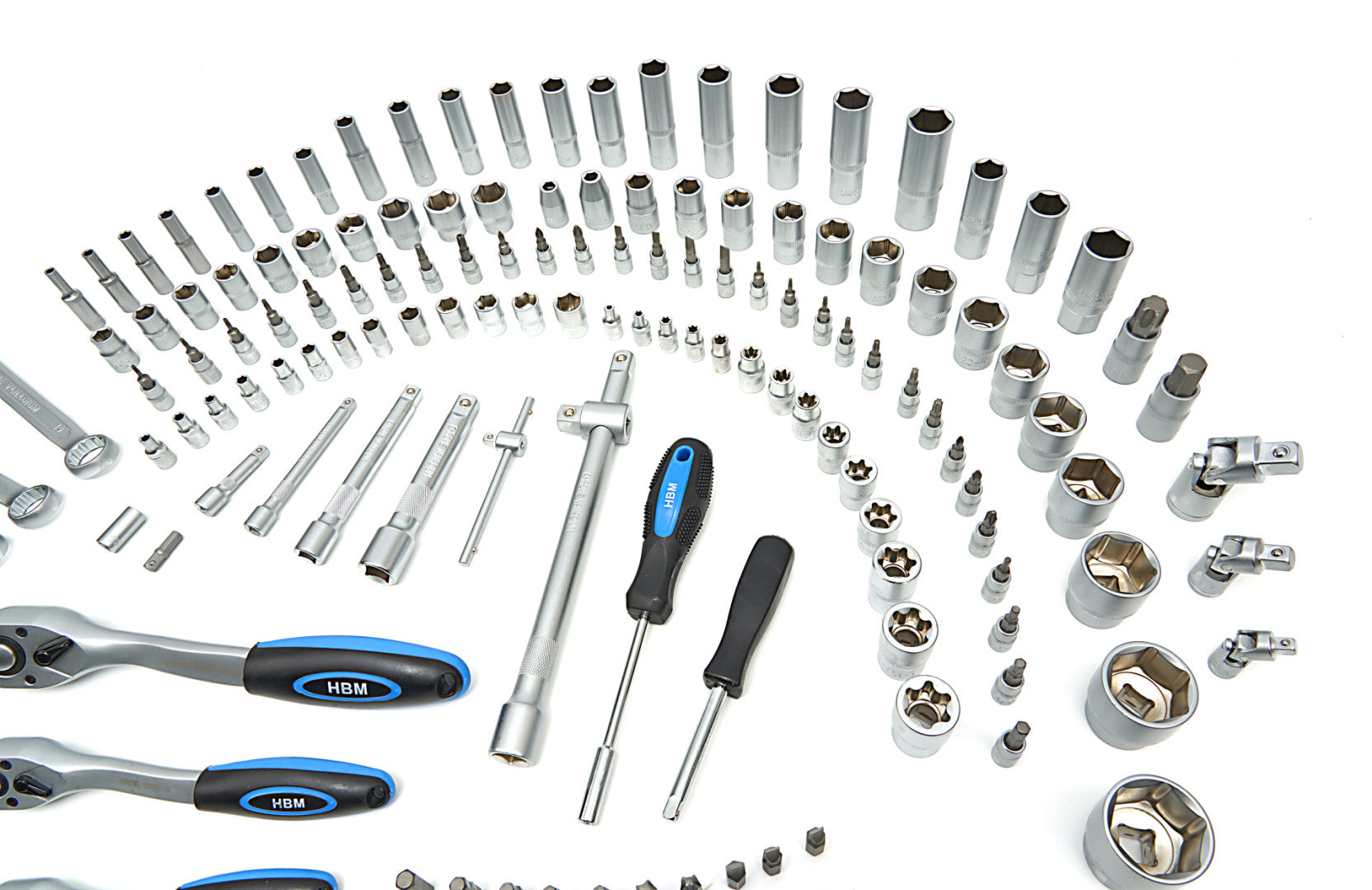 Valigetta utensili professionale 216 pezzi, serie di chiavi a bussola in Cr-V, torx cricchetti, prolunghe, kit attrezzi per auto, officina fai-da-te con attacchi 1/2" 3/8" 1/4", Hbm Olanda