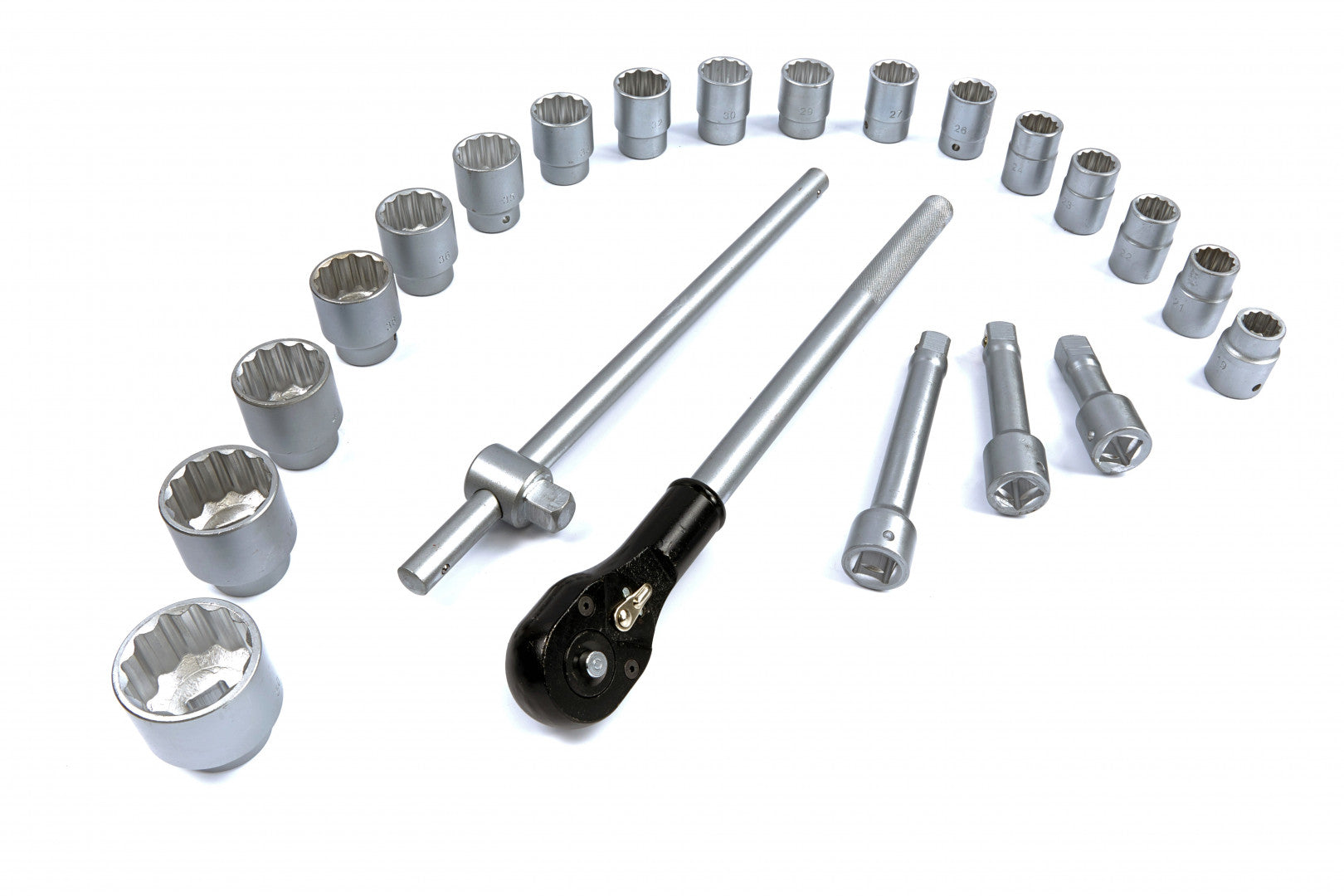 Set di bussole con cricchetto reversibile, poligonali, estensibile, 19–50 mm (3/4"), 22 pz., con prolunghe