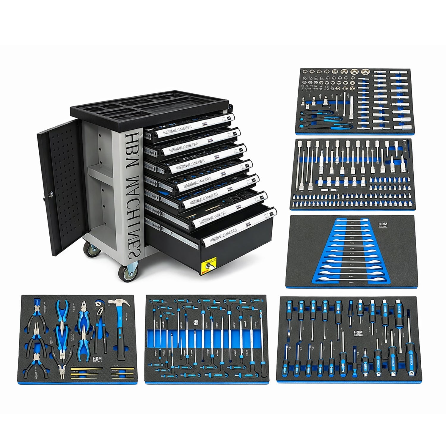 Carrello completo di attrezzi set 245 pezzi con 7 cassetti 6 scomparti e ruote da officina Carbon premium Olanda
