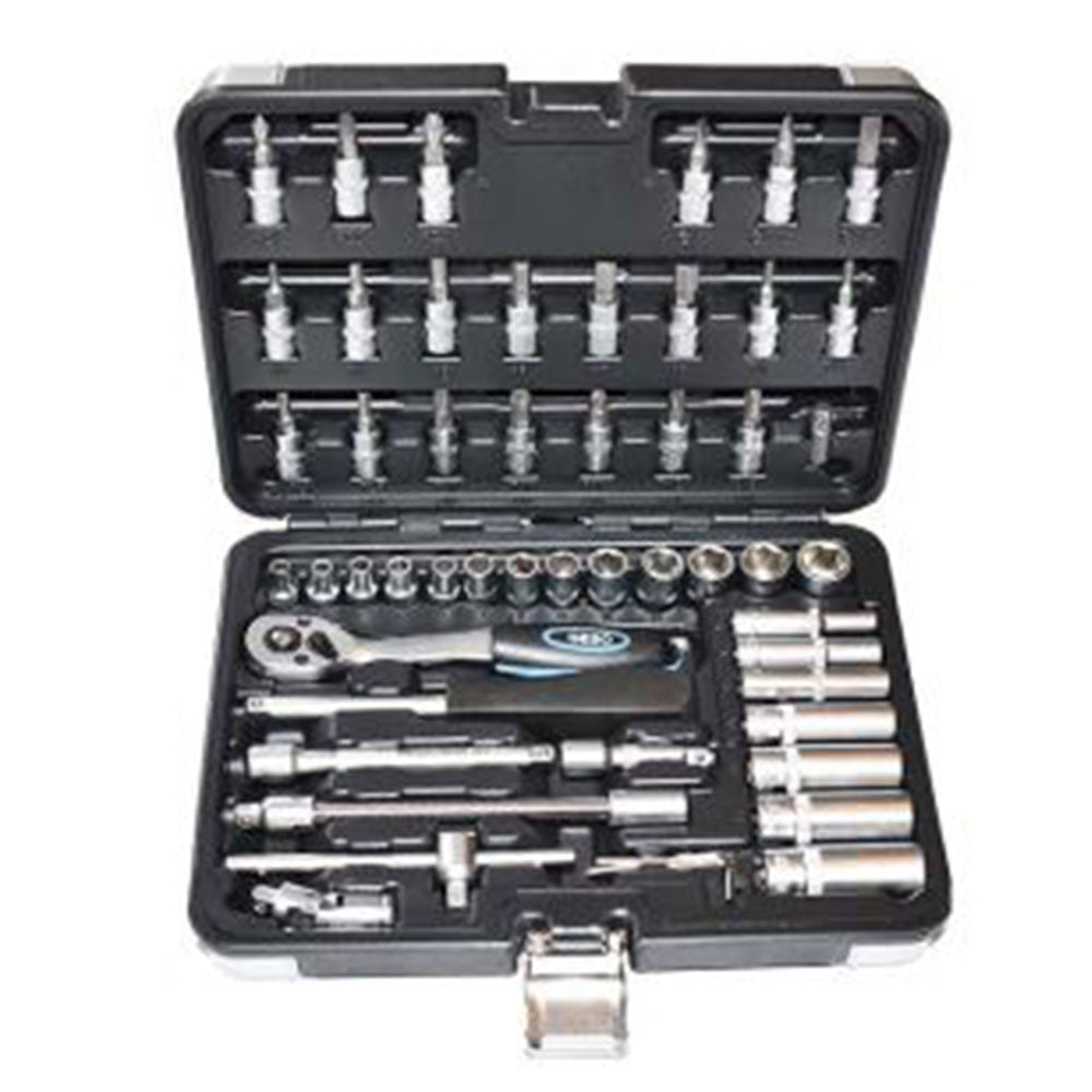 Set di bussole con cricchetto reversibile, poligonali, estensibile, (1/4"), 53 pz., con prolunghe