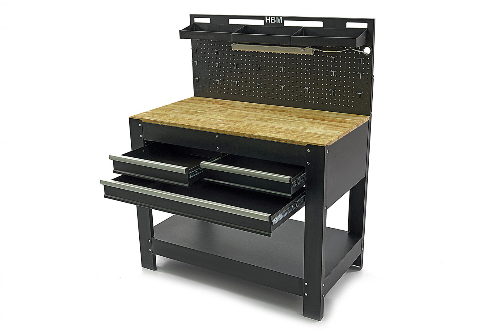 Banco da lavoro mobile con piano in legno massiccio 213 cm 3 cassetti e pannello a parete illuminato LED porta utensili con prese 230 V, porta USB, lunghezza 115 cm per officina falegname fai-da-te