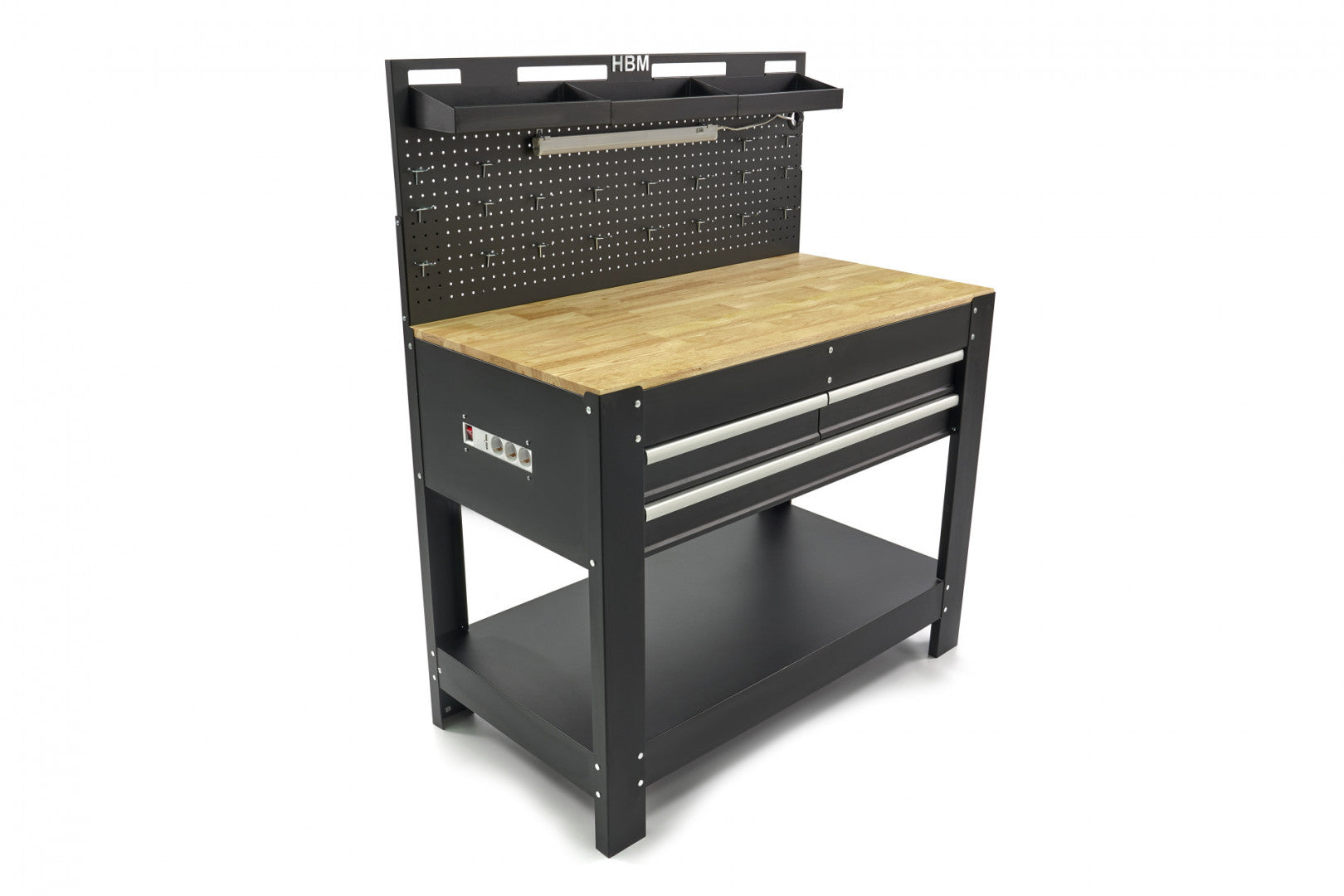 Banco da lavoro mobile con piano in legno massiccio 213 cm 3 cassetti e pannello a parete illuminato LED porta utensili con prese 230 V, porta USB, lunghezza 115 cm per officina falegname fai-da-te