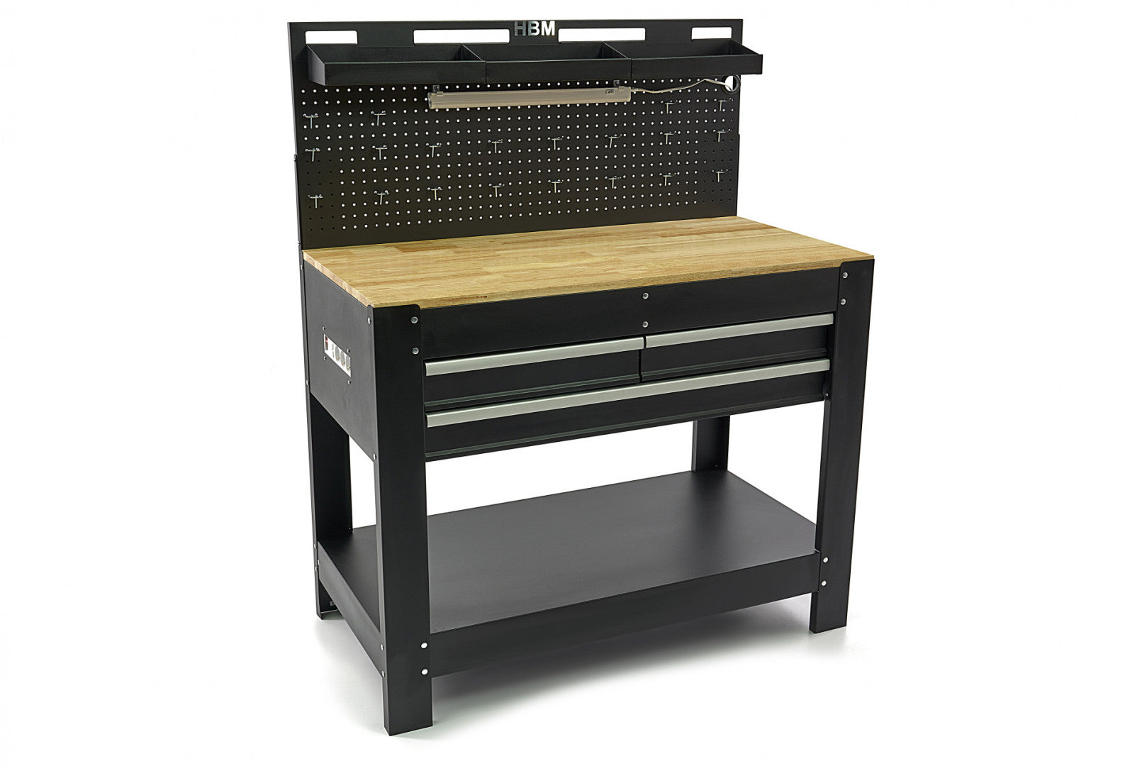 Banco da lavoro mobile con piano in legno massiccio 213 cm 3 cassetti e pannello a parete illuminato LED porta utensili con prese 230 V, porta USB, lunghezza 115 cm per officina falegname fai-da-te