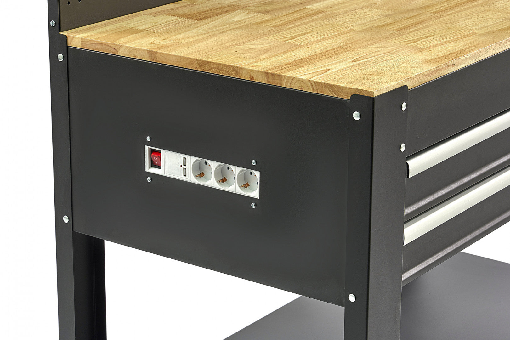 Banco da lavoro mobile con piano in legno massiccio 213 cm 3 cassetti e pannello a parete illuminato LED porta utensili con prese 230 V, porta USB, lunghezza 115 cm per officina falegname fai-da-te