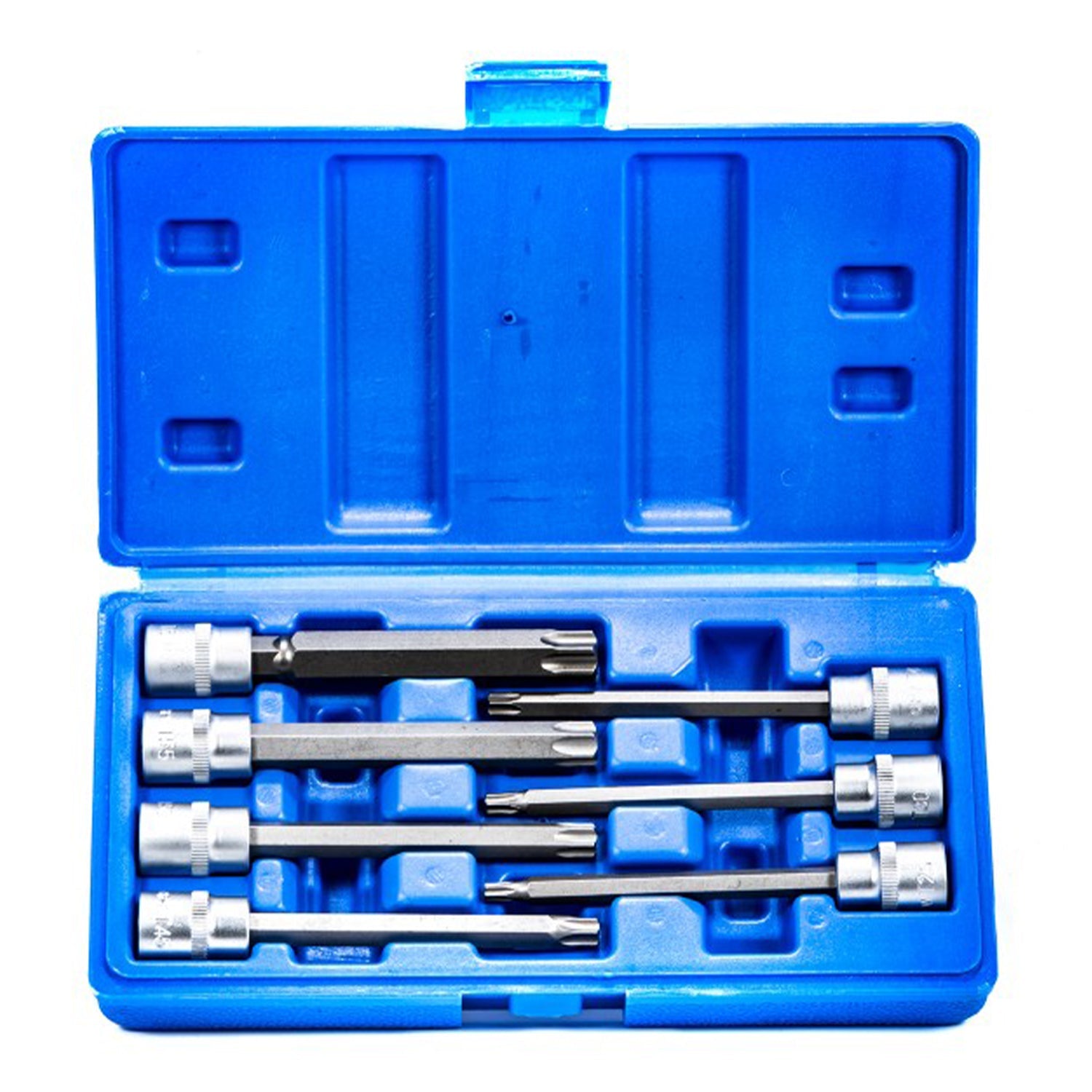 Set di chiavi a bussola Torx extra lunghe da 3/8", 7 pezzi, set di punte Torx a stella, misure da T25 a T60, lunghezza: 110 mm, acciaio CR-V, con valigetta blu professionale