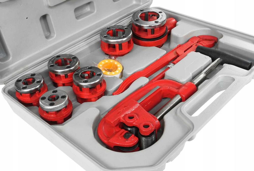 Filiera manuale a cricco, set per filettatura tubi idraulici 1/4" - 1.1/4", filettatrice, con prolunga