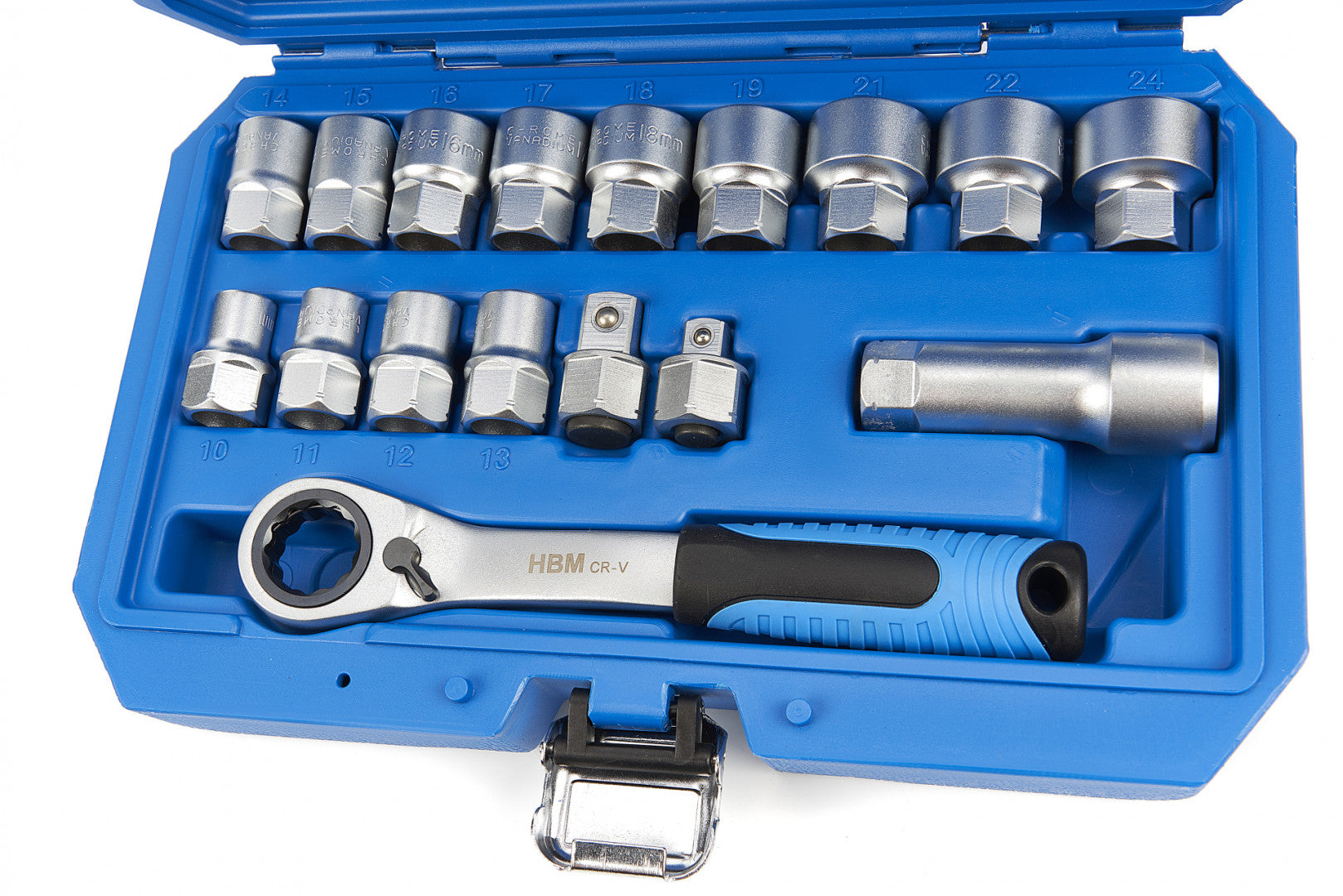 Set di bussole Vario Plus con cricchetto reversibile, 10–24 mm, 3/8" 1/2", 17 pz., Hbm Machines