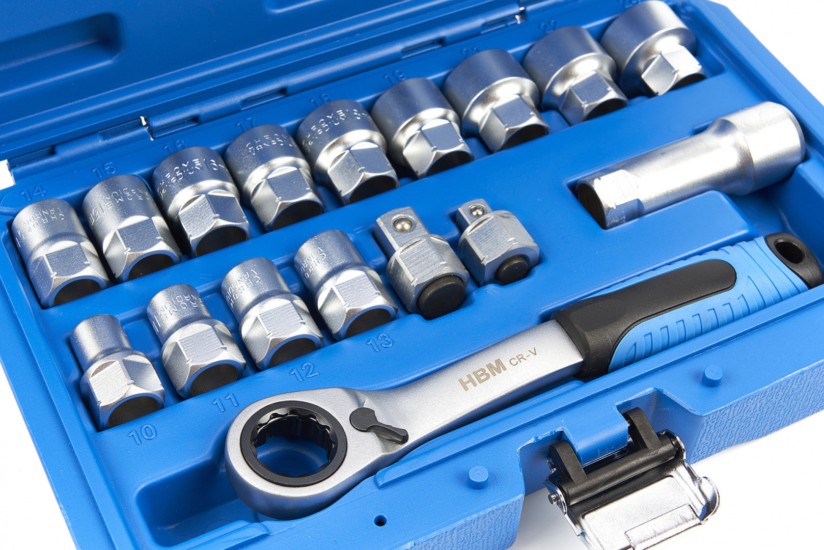 Set di bussole Vario Plus con cricchetto reversibile, 10–24 mm, 3/8" 1/2", 17 pz., Hbm Machines