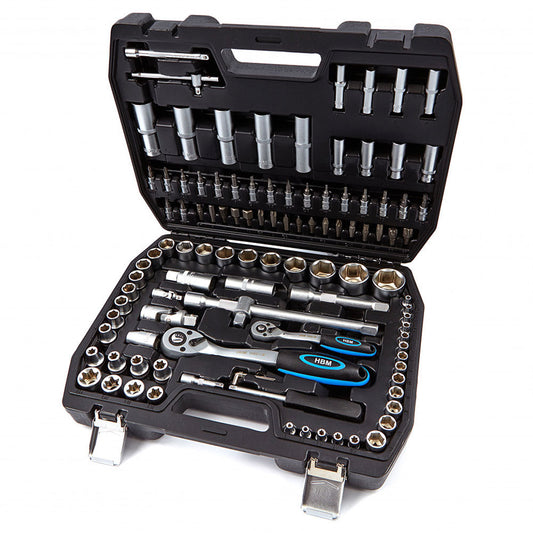 Valigetta utensili professionale 108 pezzi, serie di chiavi a bussola in Cr-V, torx cricchetti, prolunghe, kit attrezzi per auto, officina fai-da-te con attacchi 1/2" e 1/4", Hbm