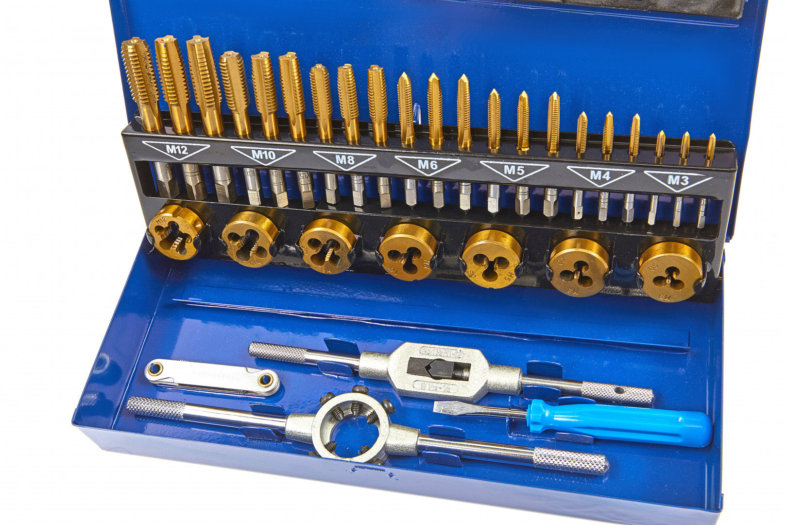 32 pezzi set maschio e filiera per filettatura in acciaio con dimensioni metriche M3–M12, kit filiera per taglio filettatrice manuale per fai da te a casa, garage e officina, HBM