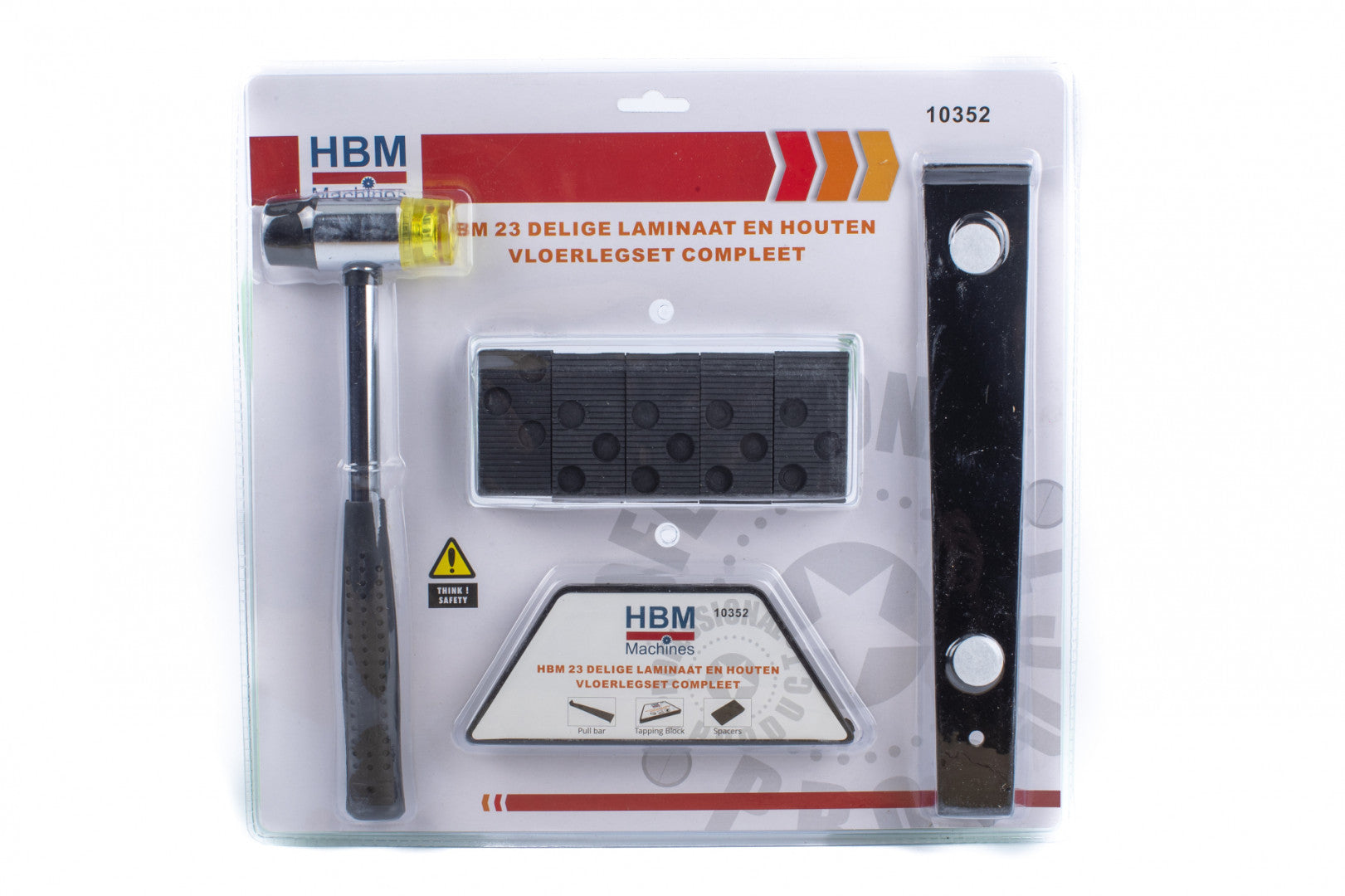 Kit montaggio laminato - 20 distanziatori pavimento, martello di gomma a doppia faccia, robusto blocco per maschiare, barra di trazione incastro, Hbm Machines Olanda